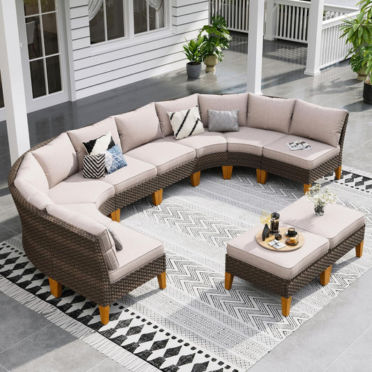 Sophia & William Patio Furniture Set, 10 Piece Half Moon Outdoor Wicker Sectional Sofa Set, High Back Rattan Conversation Set with Ottoman for Backyard, Deck, Pool(Beige)