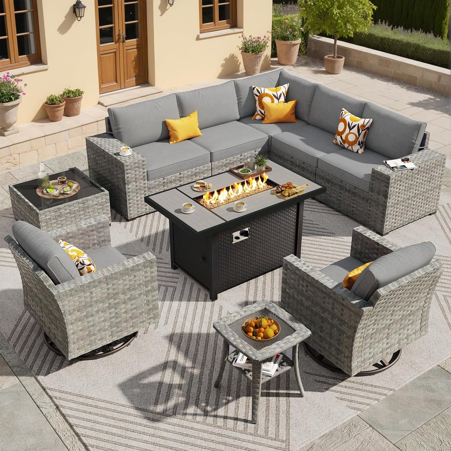 ovios 10 Pieces Patio Furniture Set, Outdoor Wicker Sectional Sofa with 42" Fire Pit Table Swivel Chairs, Modern Modular Deep Seat Rattan Couch Conversation Sets, Dark Grey