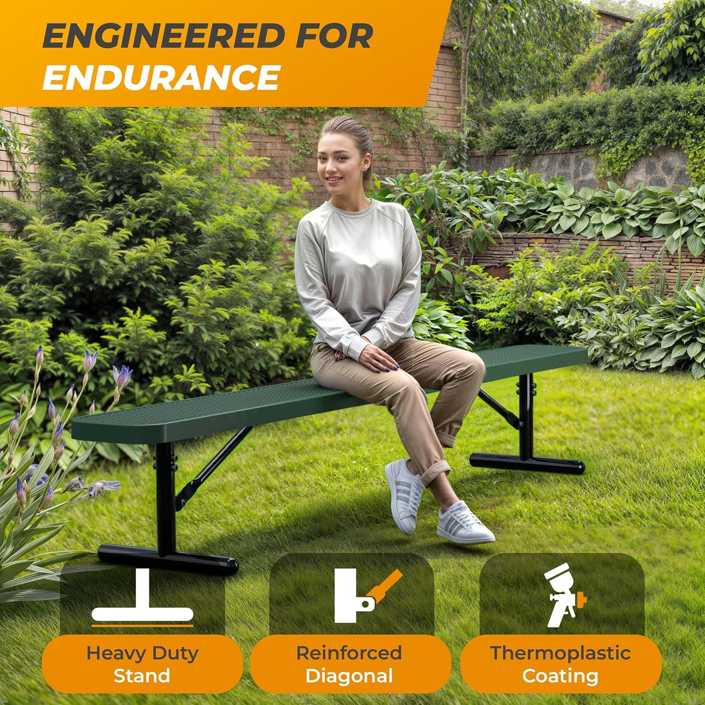 Heavy-Duty Outdoor Metal Bench, Thermoplastic-Coated, Portable, Weatherproof, Commercial-Grade for Parks, Gardens, Patios, Stores & More (8 Ft - Portable, Green)