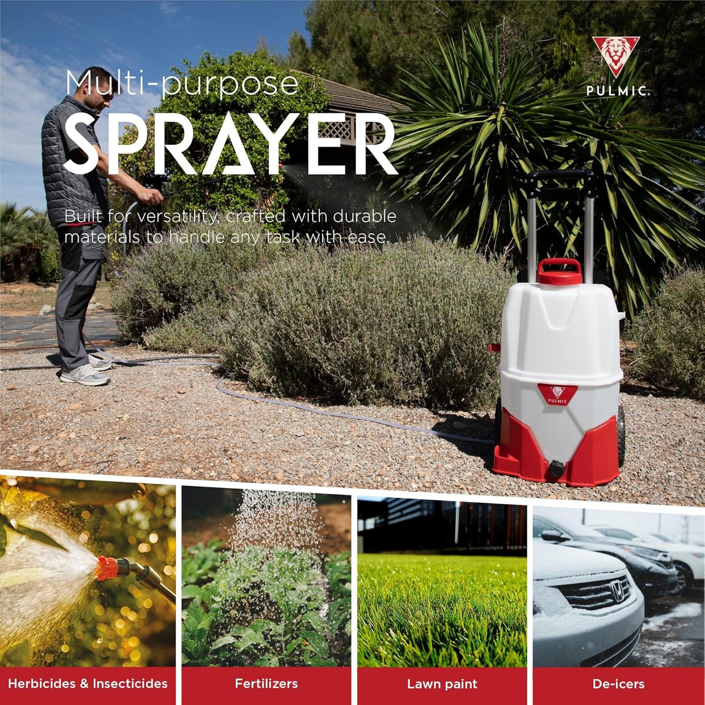 PULMIC Electric Sprayer Pegasus 35. 9.25-Gallon Cart Sprayer. 3 Application Speeds Up to 60 PSI Pressure. 18V Removable Lithium Battery. Up to 7 Hours of Autonomy. 20 ft Hose and Accessories Included