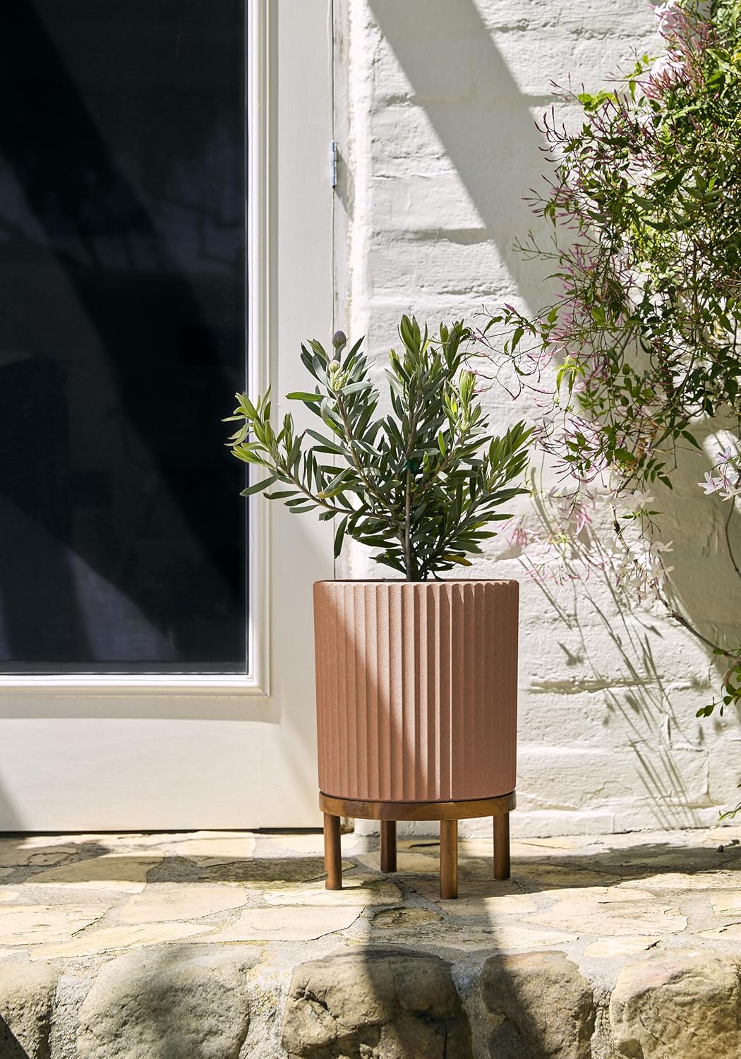 Veradek Demi Series Round Planter w/Stand for Porch/Patio | Durable Plastic-Stone Composite & Wooden Stand | Modern Décor for Tall Plants, Flowers