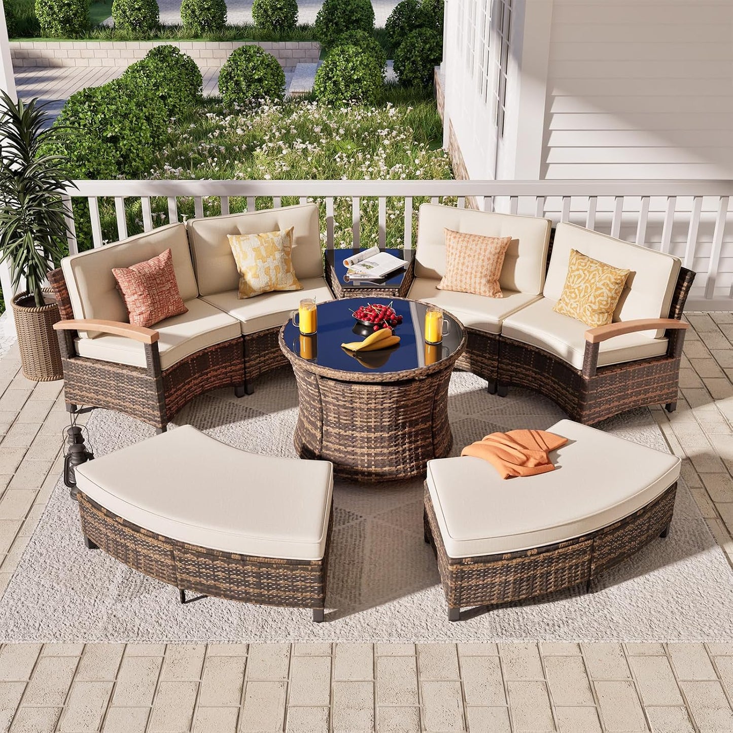 8 Piece Outdoor Patio Furniture Set, Half-Moon Curved Sectional Set with Wood Armrests, Patio Conversation Set, 2 Half-Moon Ottomans, Round Table & Side Table (Brown)