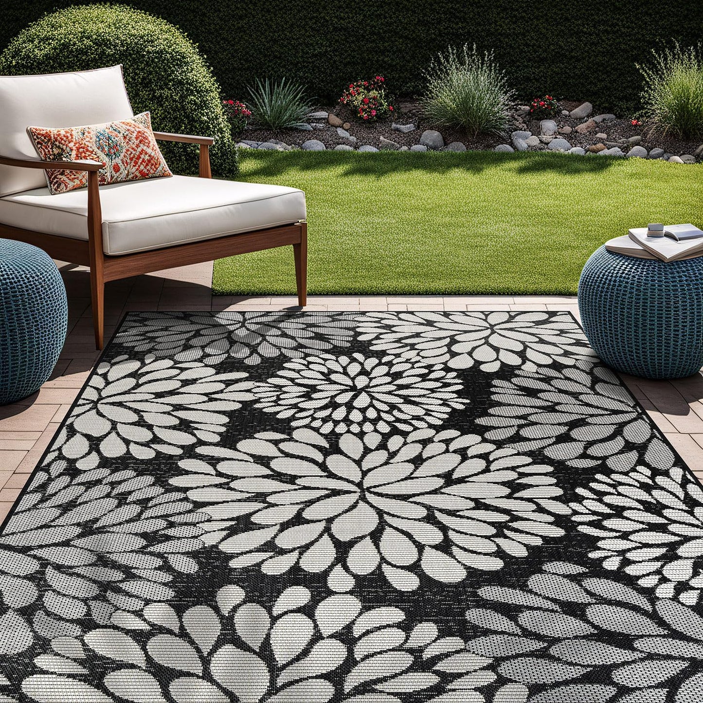 Beverly Rug Outdoor Rug 5x7 Modern Exotic Tropical Leaf Area Rugs for Indoor and Outdoor Patio Deck Porch Garden Water Resistant Washable Outside Carpet (5 x 7 Dark Gray)