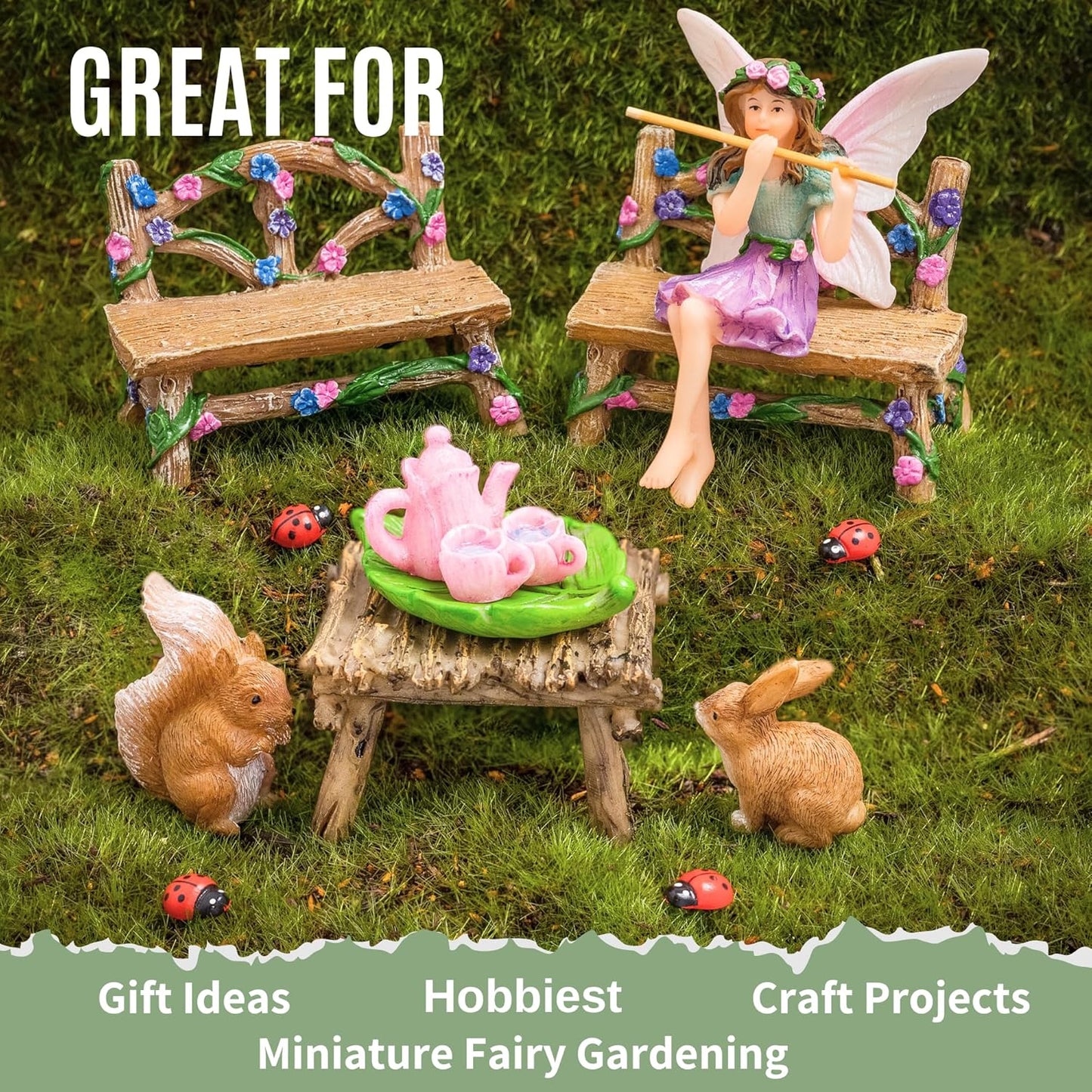 PRETMANNS Fairy Starter Kit with Accessories for Indoor Outdoor Miniature Garden – Adorable Figurine with Furniture, Squirrel, Bunny & Tea Set – 14 Piece Hand-Painted Resin Set