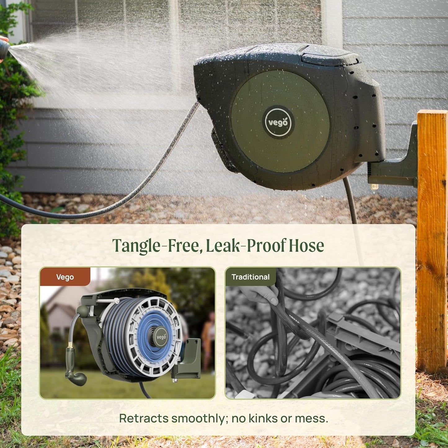 Vego Garden Hose Reel Retractable Hi-Flow x 100ft Wall Mounted Hose Reel Automatic Rewind, Any Length Lock with 9 Patterns Sprayer Nozzle, Quick Connector and Adjustable shot Nozzle-Tidepool Blue