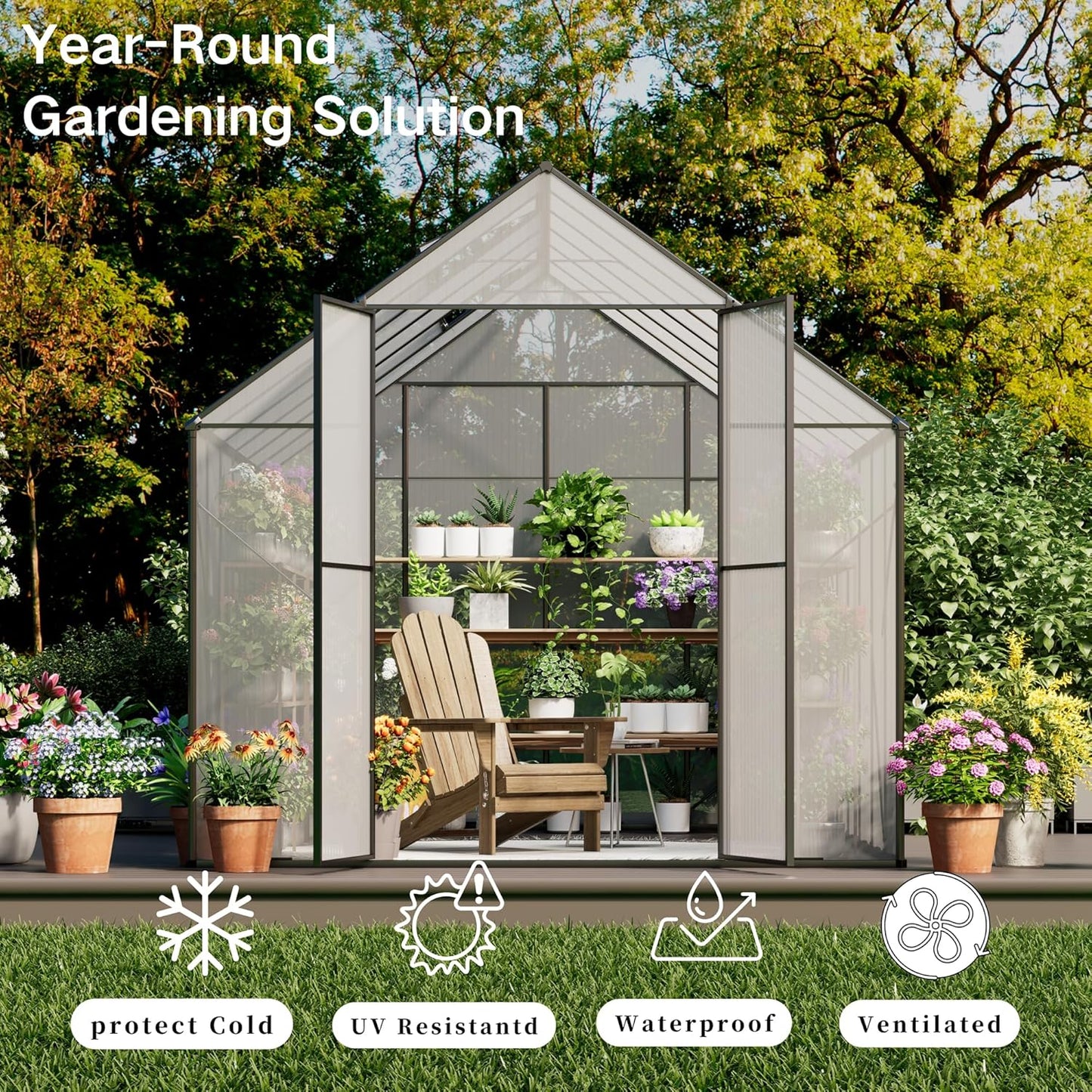 Kingdura 8x12ft Walk-in Greenhouse for Outdoors, Large Polycarbonate Greenhouses with Heavy Duty Aluminum Frame, Adjustable Roof Vent, Lockable Door, UV Protection for Outside Garden Backyard