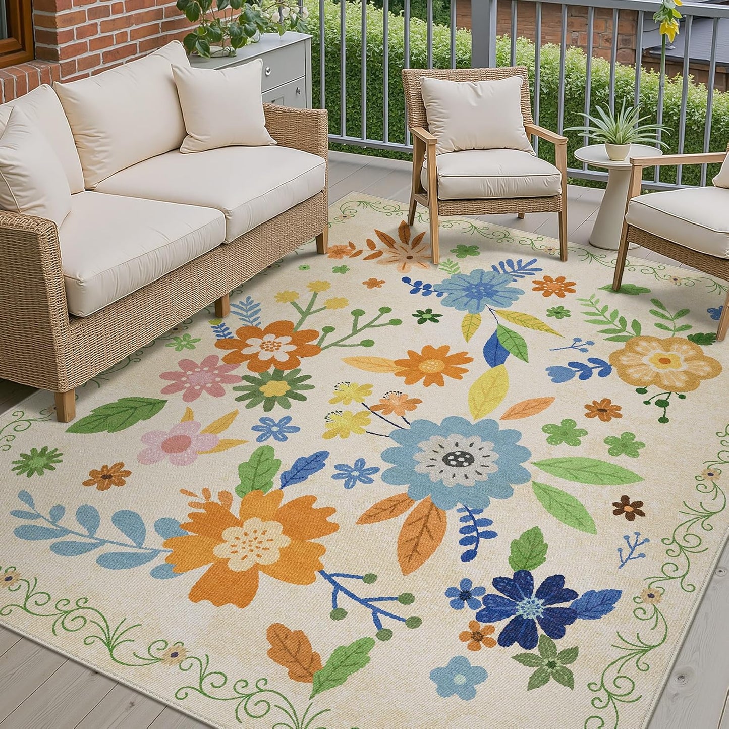 GENIMO Indoor Outdoor Area Rug 5' X 7' Waterproof, Washable Door Mat Non Shedding, Easy Cleaning Floral Outdoor Carpet for Patio, Entryway, Porch, Bathroom, Living Room, Bedroom, Backyard