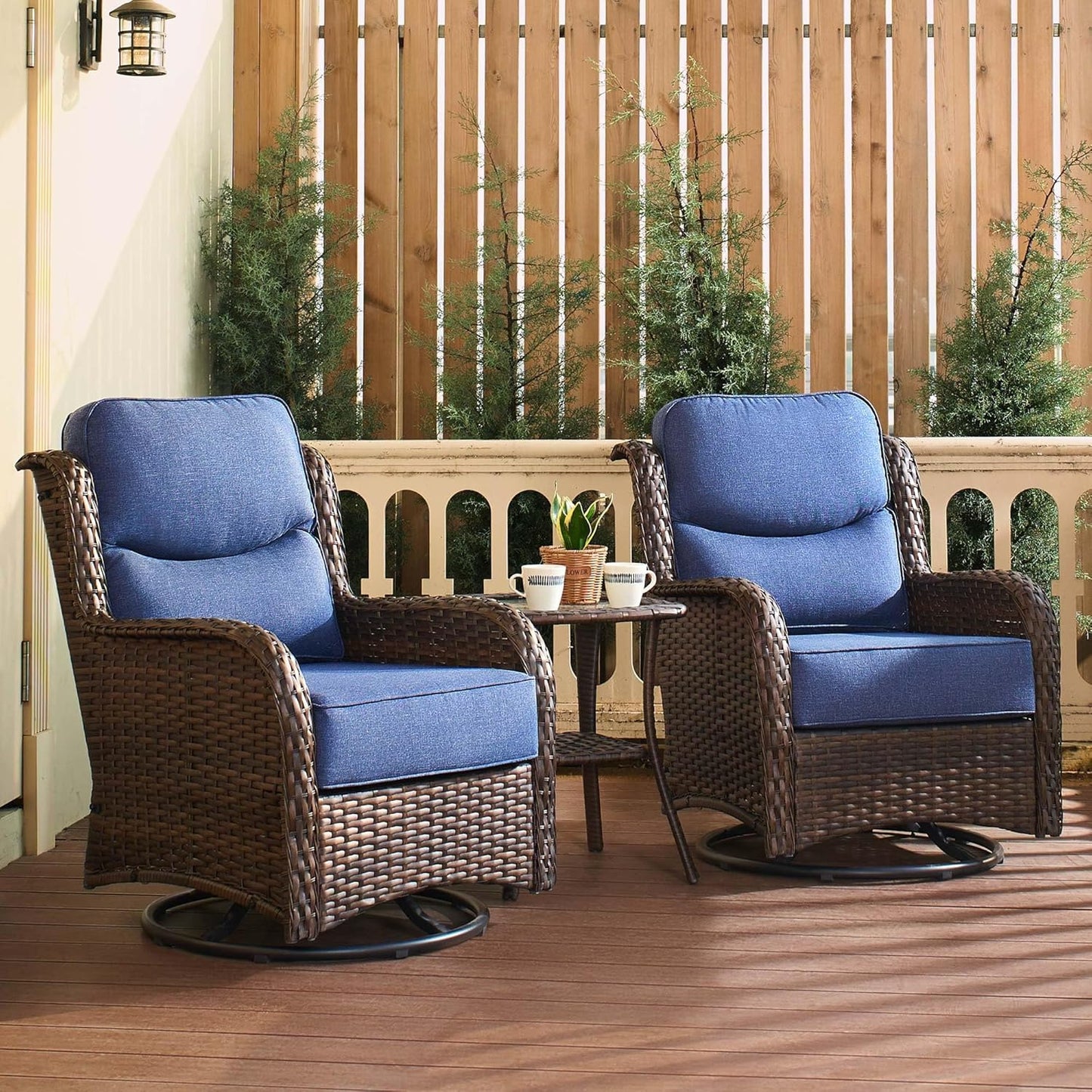 HILLGA Luxury Patio Furniture Set with 6-inch Thick Cushion, Outdoor High Back Swivel Rocker Patio Chairs, 3PCS Wicker Conversation Set for Deck Yard and Poolside, Blue (V2)