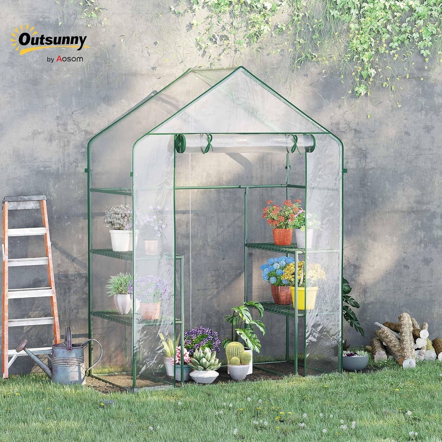 Outsunny 5' x 2.5' x 6.5' Mini Walk-in Greenhouse Kit, Portable Green House with 3 Tier Shelves, Roll-Up Door, and Weatherized Plastic Cover for Backyard Garden, Clear
