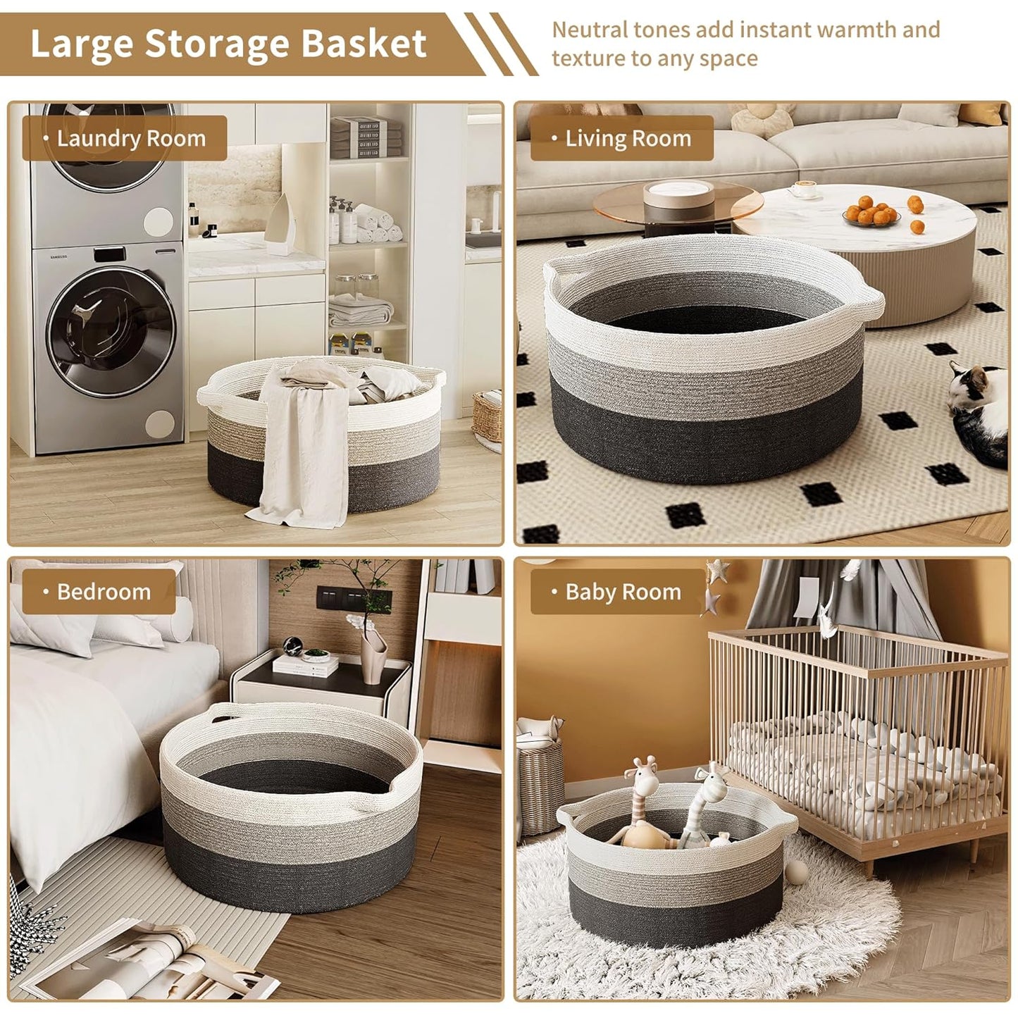 125L Extra Large Blanket Basket, 25" x 16", Jumbo Laundry Woven Baskets Decorative Home, Cotton Rope Basket with Handles, Baby Toy Baskets for Storage, Gradual Gray, 2PC