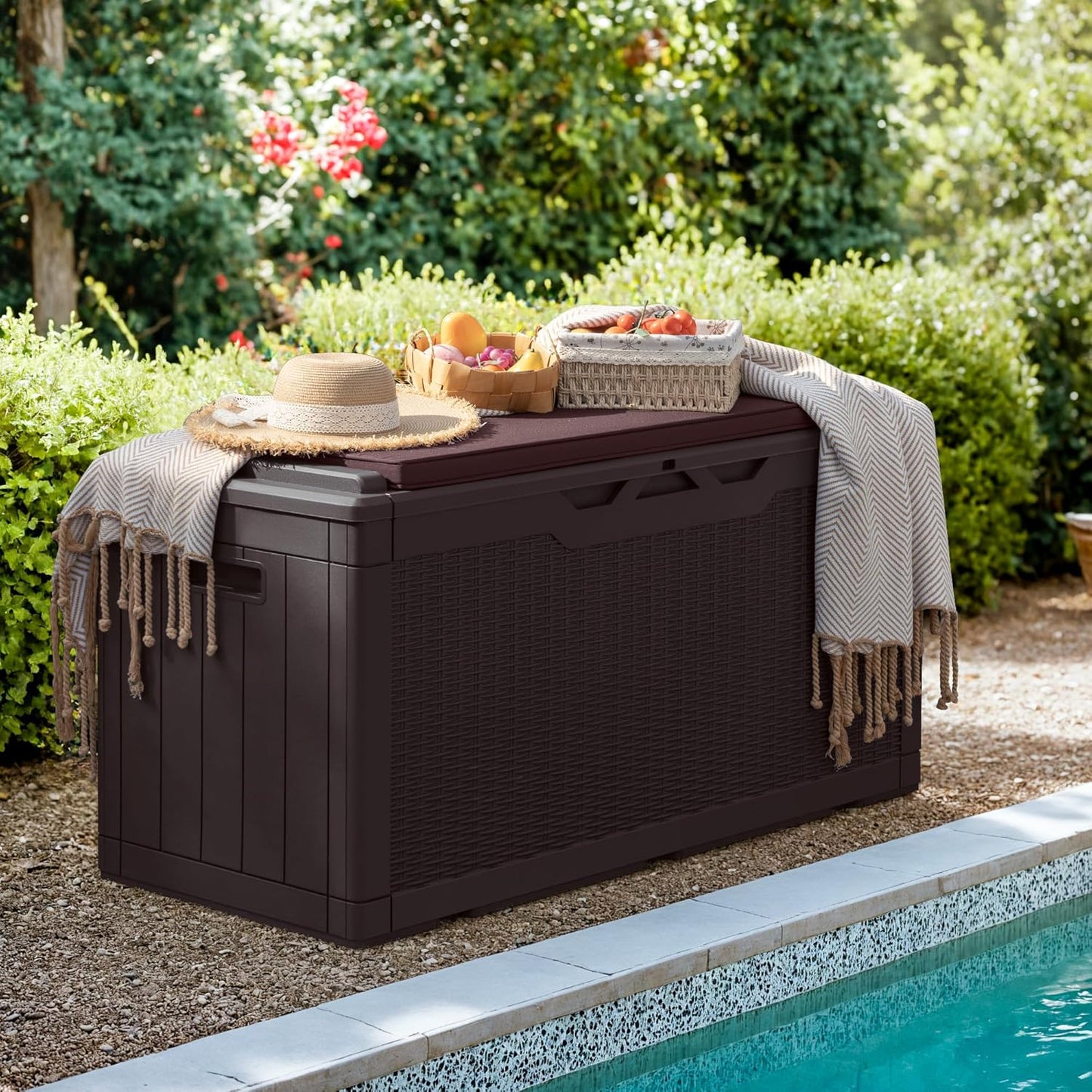 Greesum 100 Gallon Resin Deck Box Large Outdoor Storage with Cushions for Patio Furniture, Garden Tools, Pool Supplies, Weatherproof and UV Resistant, Lockable, Dark Brown