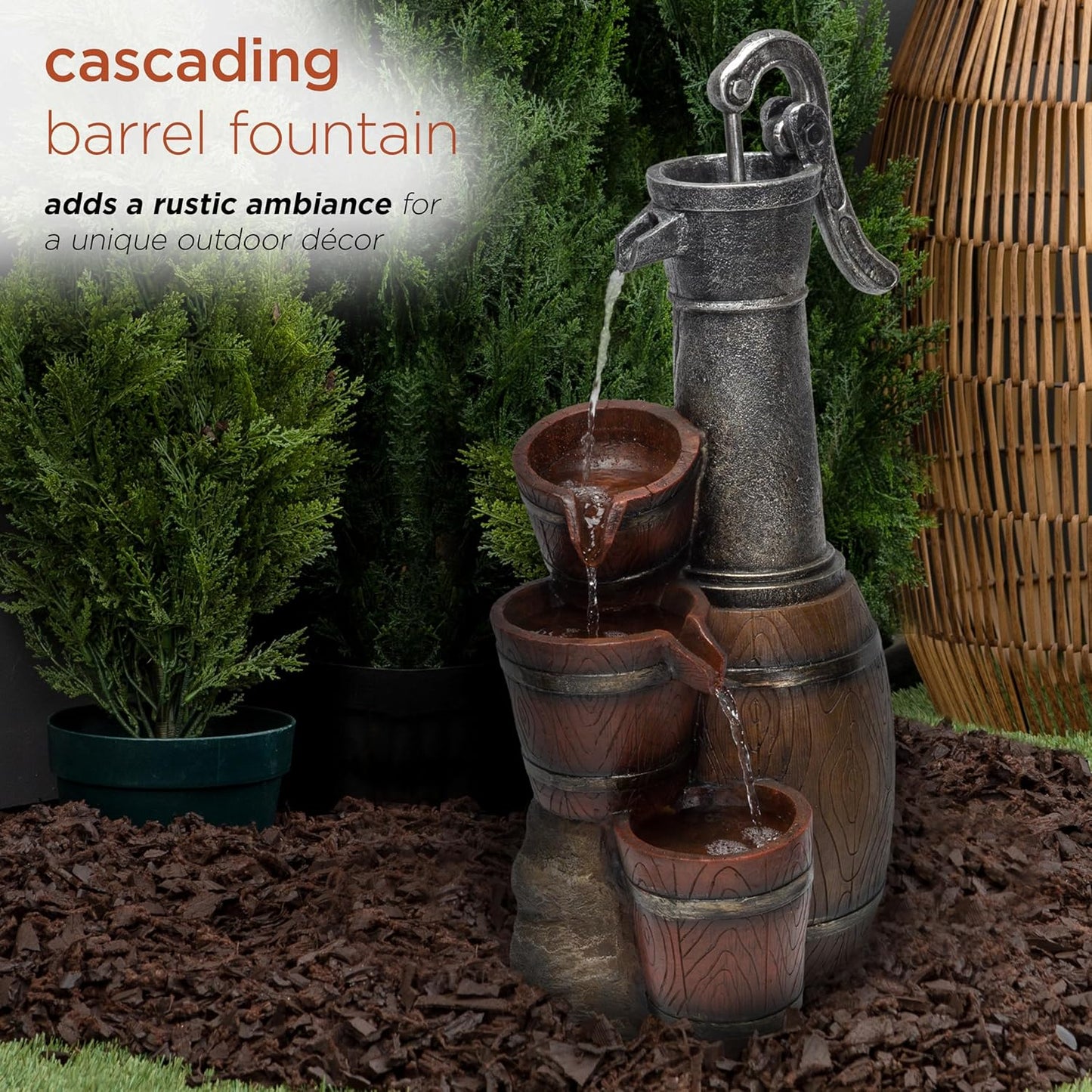 Alpine Corporation ZEN403S Indoor/Outdoor Floor Vintage Farmhouse Barrel Fountain, Rustic Waterfall for Garden, 24", Brown