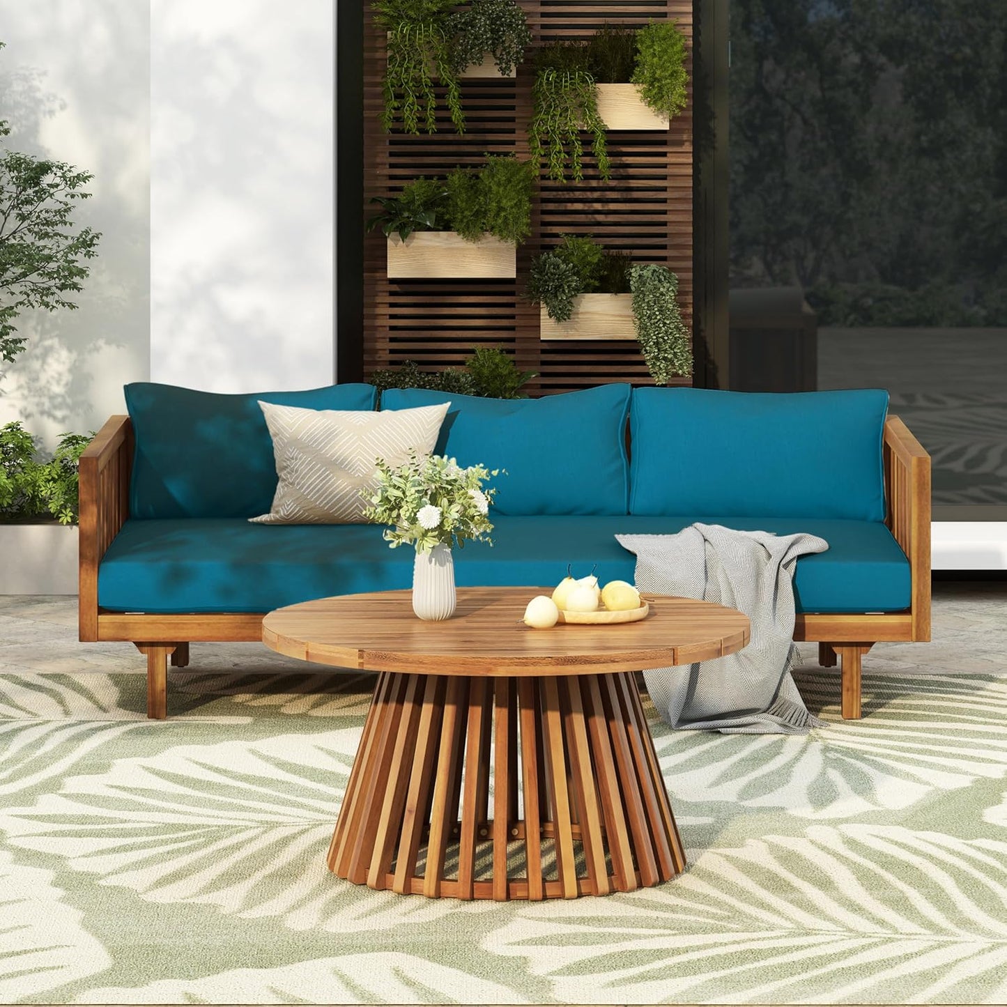 Christopher Knight Home Claremont Patio Sofa and Coffee Table Set, 2 Piece Outdoor Patio Furniture Set with Cushion, Acacia Wood 3 Seater Outdoor Sofa Daybed and Coffee Table Set, Teak+Dark Teal