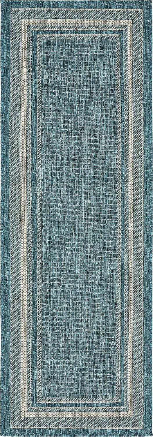 Unique Loom Outdoor Border Collection Area Rug - Soft Border (2'x 6' 1" Runner, Teal/ Ivory)