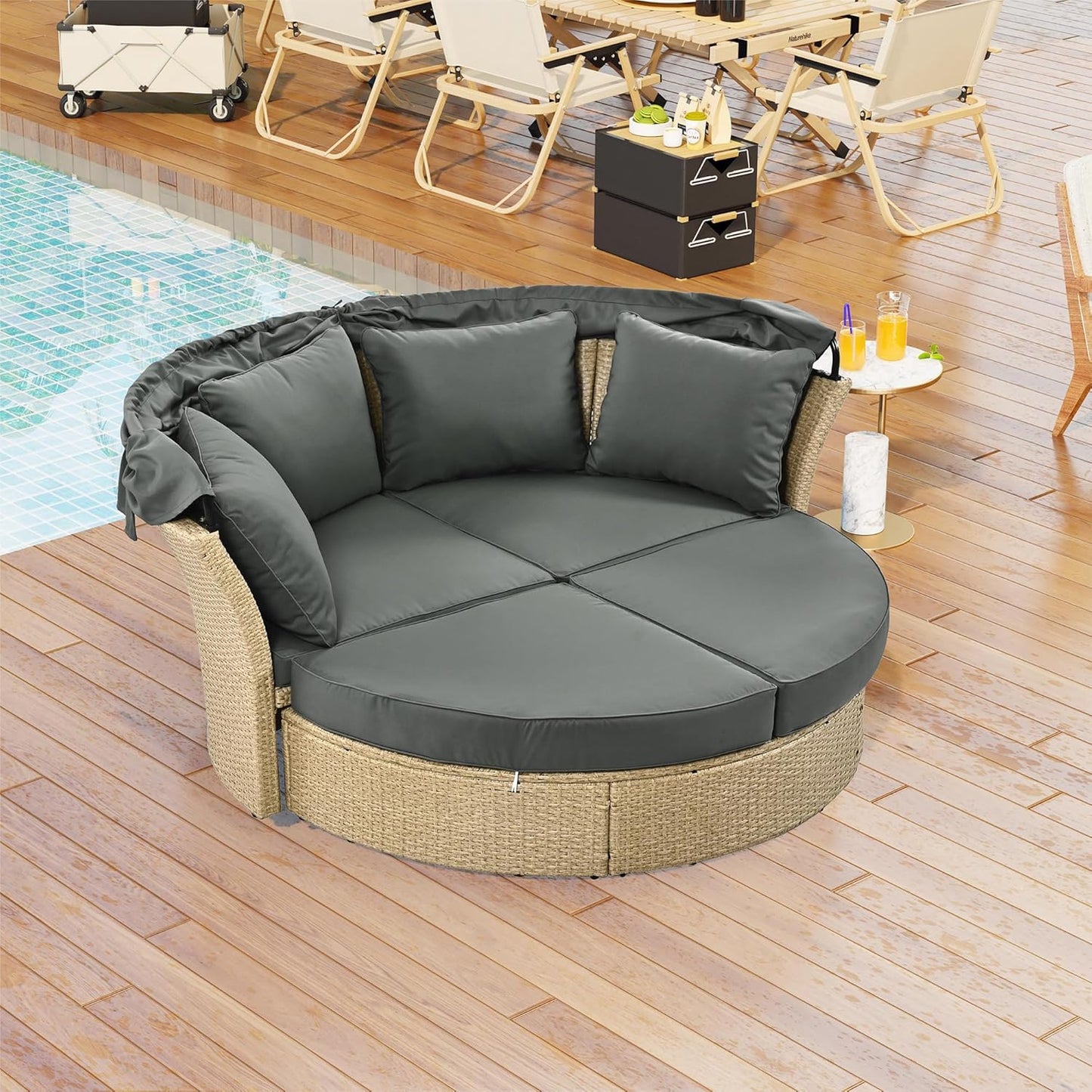 kevinplus Round Outdoor Daybed Patio Sunbed, Convertible Wicker Rattan Outdoor Daybed Sunbed with Retractable Canopy for Garden Backyard Porch Poolside, Gray