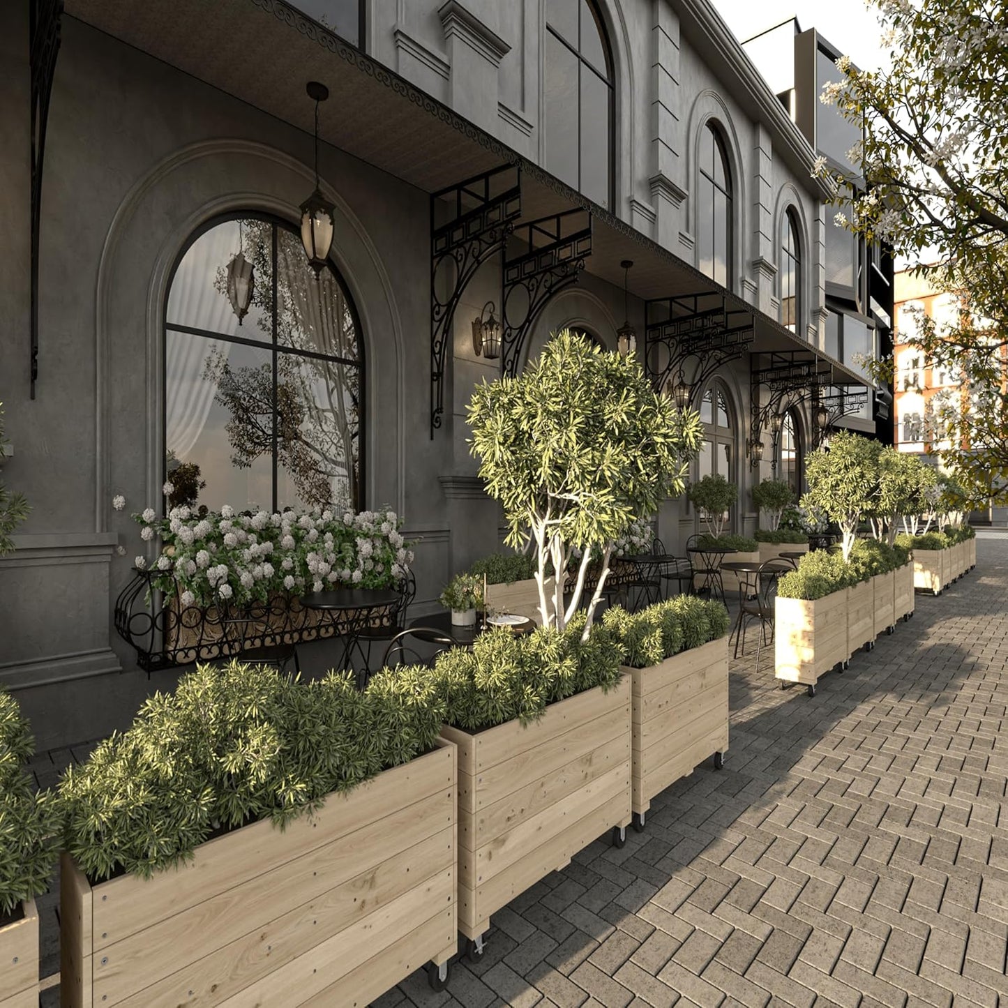 Generic 40x32x12in Indoor/Outdoor Mobile Wood Planter w/Lockable Wheels, Rolling Wood Planter Box Residential/Commercial