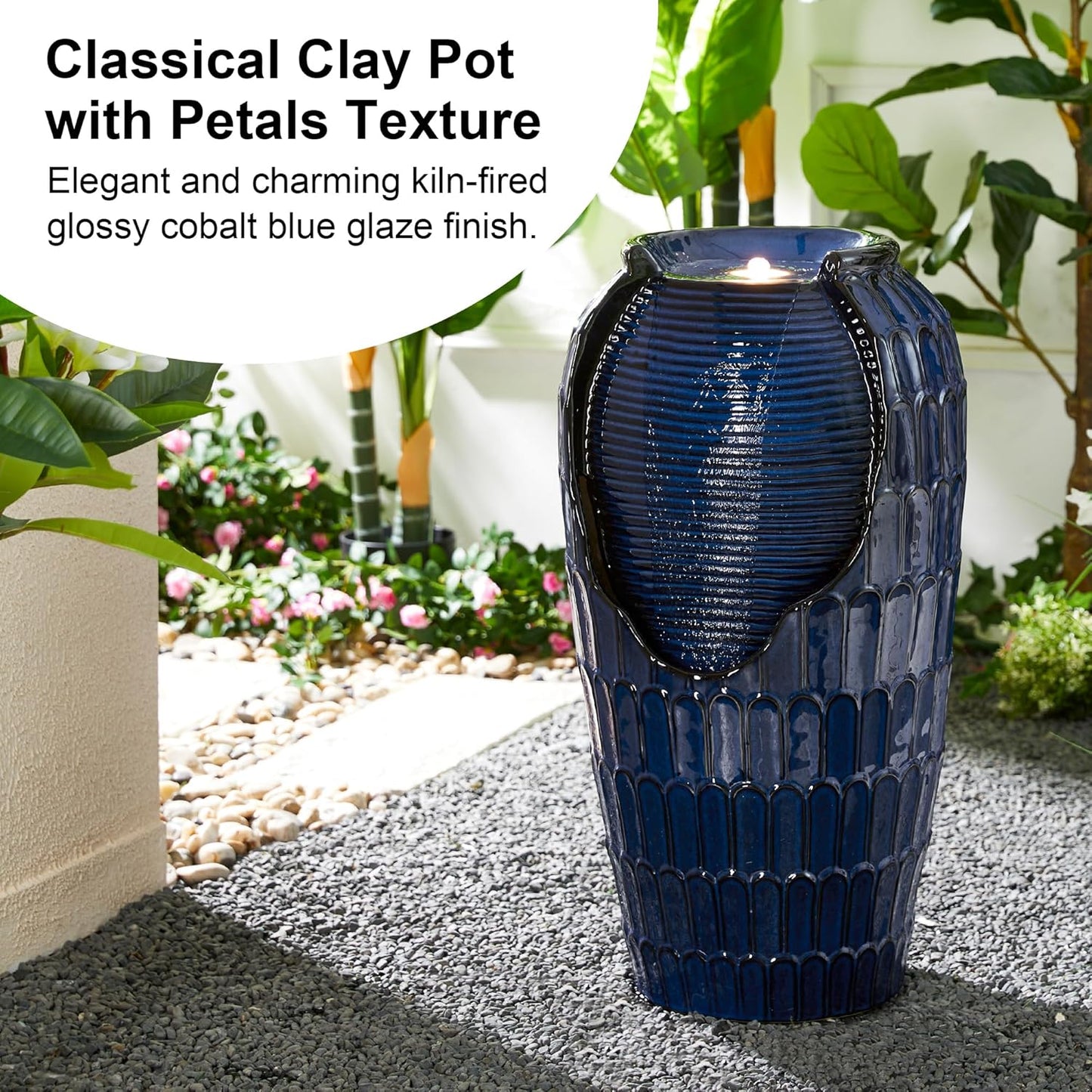Glitzhome 28.25" H Oversized Ceramic Petals Textured Jar Outdoor Water Fountain, Vintage Cobalt Blue Glaze Vase Patio Garden Waterfall Fountain with LED Light and Submersible Pump