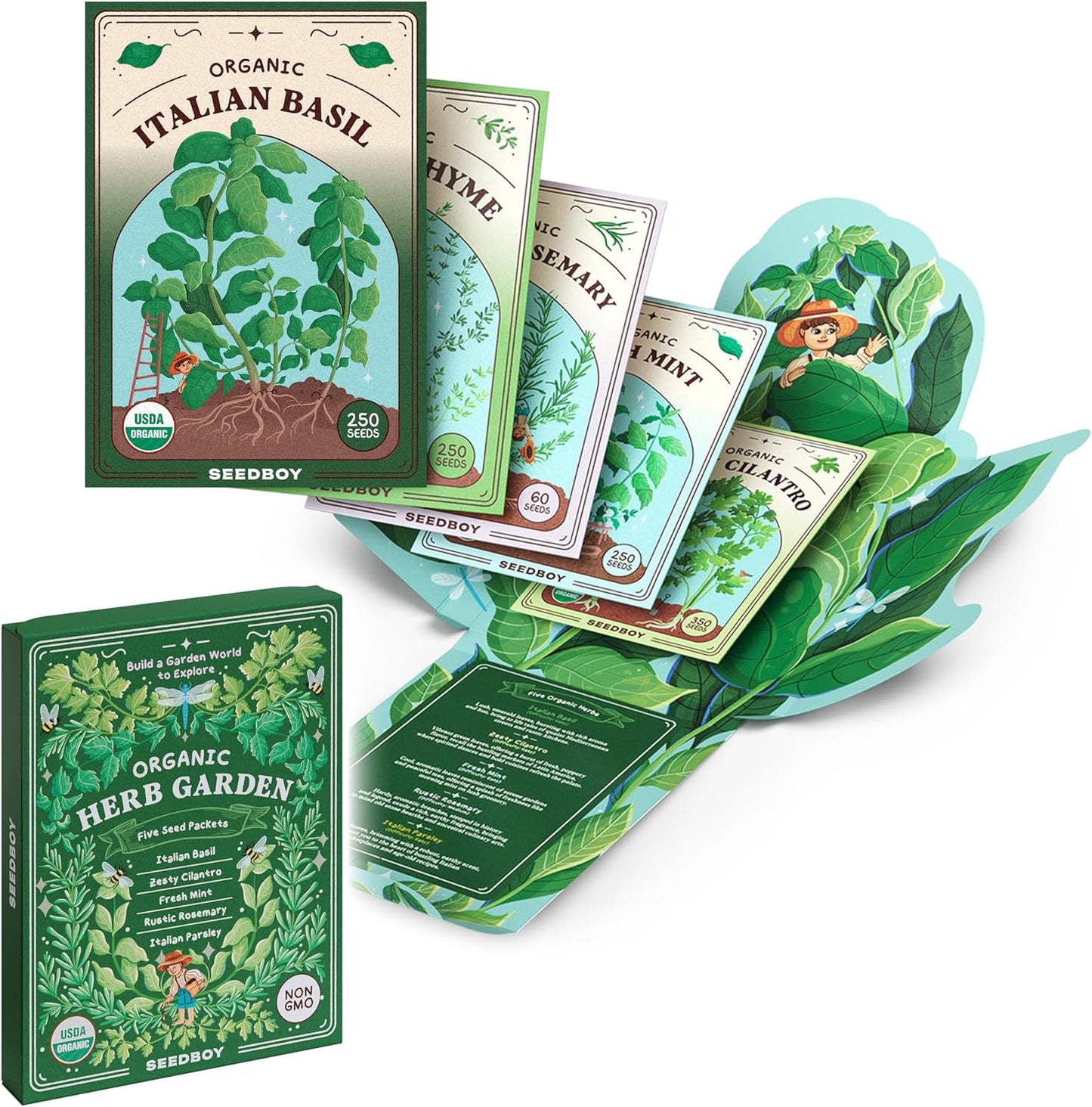 Seedboy Organic 5 Herb Variety Pack: Basil, Mint, Rosemary, Parsley, Cilantro for Planting Indoor and Outdoor, Non-GMO and USDA Certified Seed Packets (5 Herb Variety Pack)