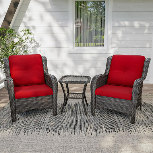 3 Pieces Outdoor Patio Chairs Set - Wicker Patio Conversation Sets with 1 Side Table, Olefin Fabric Cushions Suitable for Backyard Deck and Porch,Red