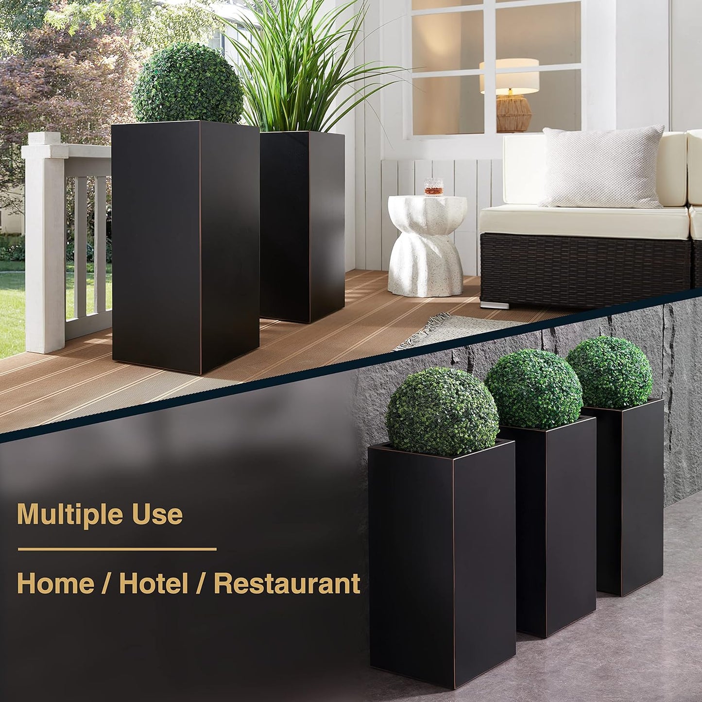 Metallic Heavy Tall Outdoor/Indoor Planter Box 14Lx14Wx30H Inches Rectangular Large Flowerpot, Tall Metal Planter Box for Front Porch ‎25 Pounds, No Assembly Required, Black, 1 Pack