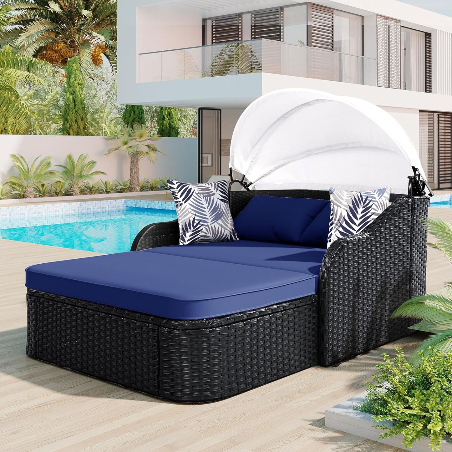 kevinplus Outdoor Patio Sunbed Daybed Double Lounge with Adjustable Canopy for Garden Backyard Pool, PE Rattan Wicker Material & Moveable Cushion Cover, Blue & Black