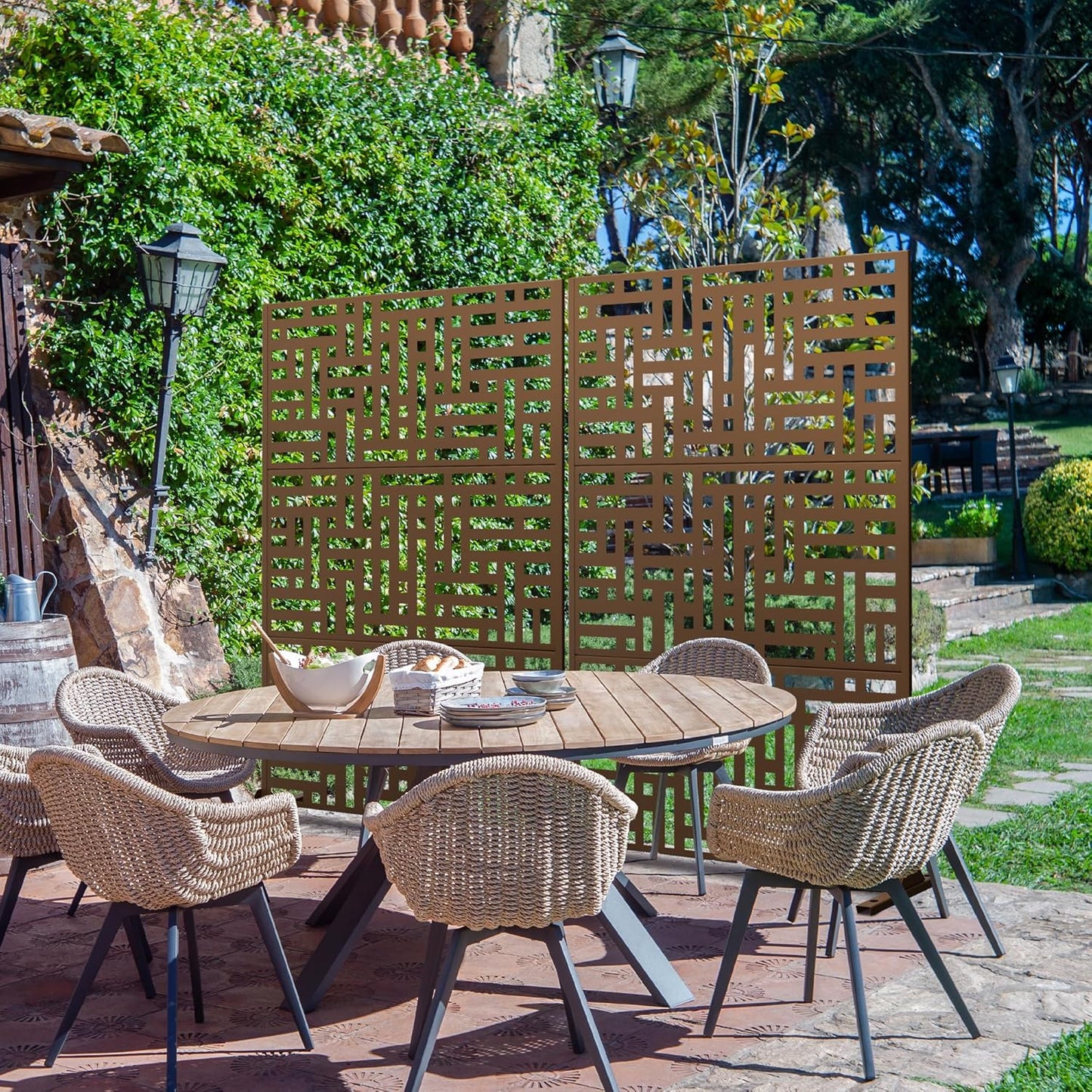 Metal Privacy Screen Outdoor 72" H×47" W,Freestanding Decorative Privacy Screen for Balcony Yard&Garden,Privacy Fence-Brown&Street