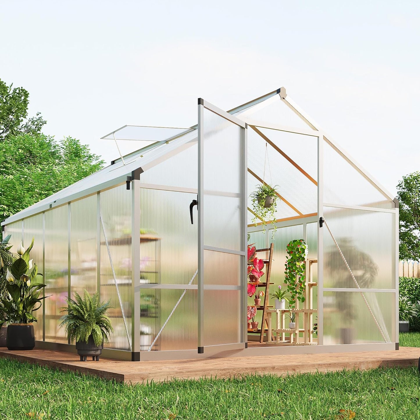 8×10 FT Greenhouse, Large Walk in Greenhouses for Outdoors and Garden Planting, Polycarbonate Greenhouse with Enhanced Aluminum Frame, Green Houses with Quick Setup Structure and Roof Vent, Silver
