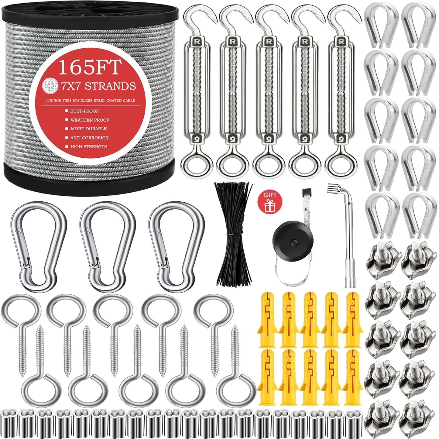 1/8" Stainless Steel Cable,1/8" Wire Rope,M5 Turnbuckle Kit,165FT Wire Tensioner for String Light Hanging Kit,Aircraft Cable,Guy Wire,Stainless Steel Wire Rope Kit