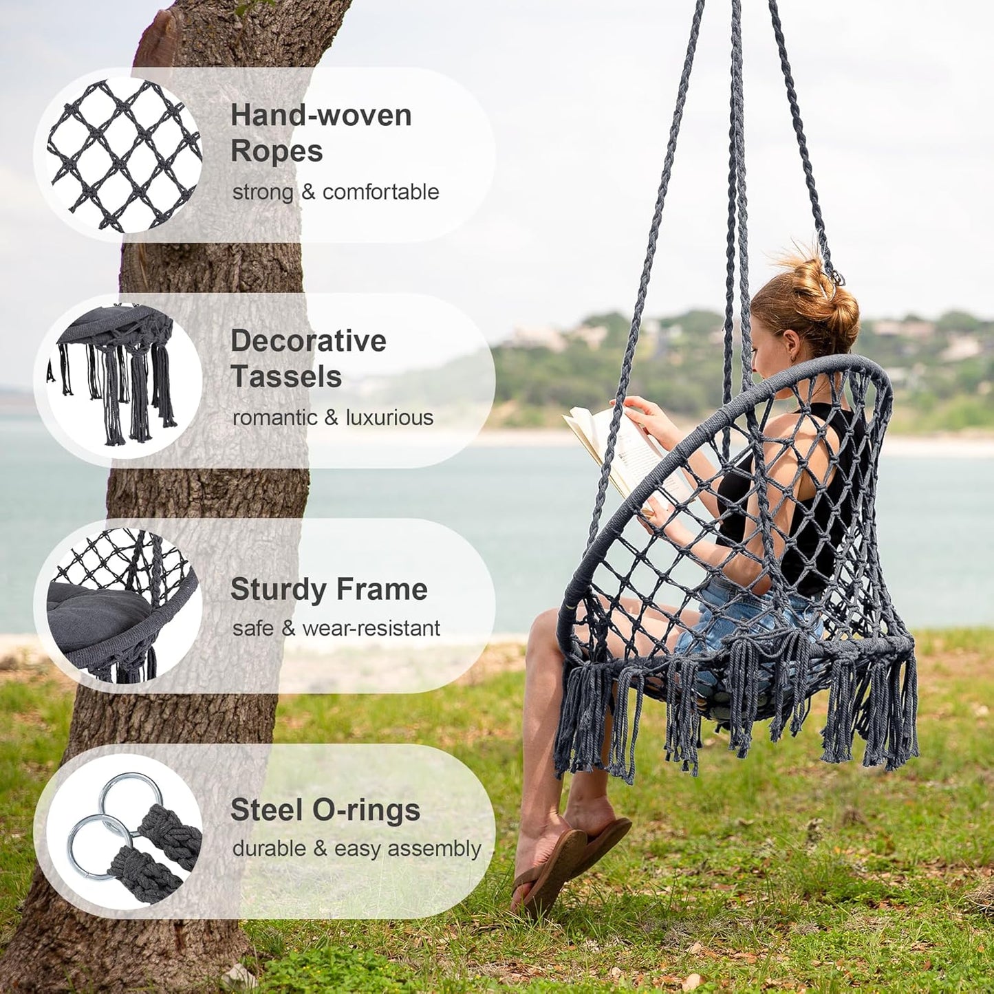 SUNCREAT Hammock Chair Hanging Macrame Swing with Hardware Kits, Max 330 Lbs, Handmade Knitted Mesh Rope Swing Chair for Indoor, Outdoor, Bedroom, Patio, Yard, Garden, Pack of 2, Grey
