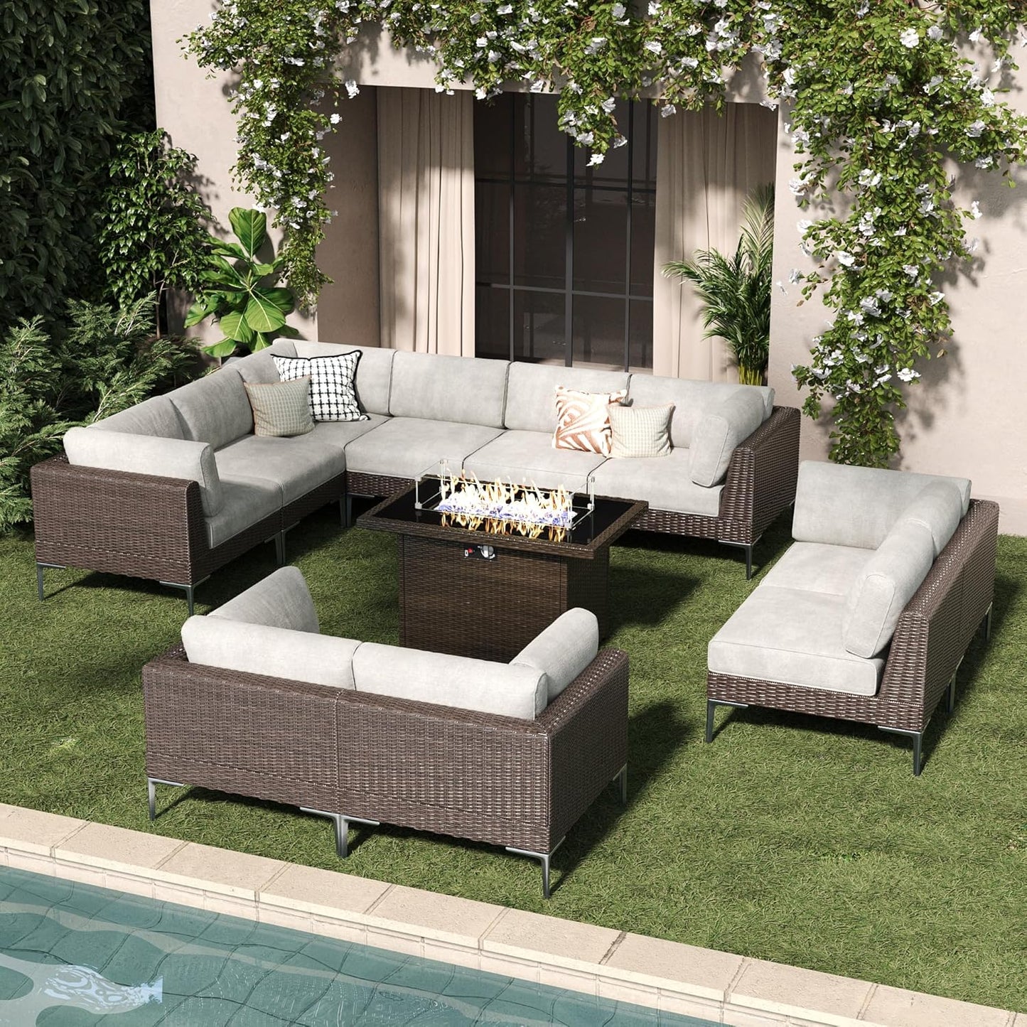 LayinSun 11-Piece Outdoor Modular Wicker Sectional Sofa with Fire Pit Table, Patio Furniture Conversation Set with Deep Seating and Thick Cushions