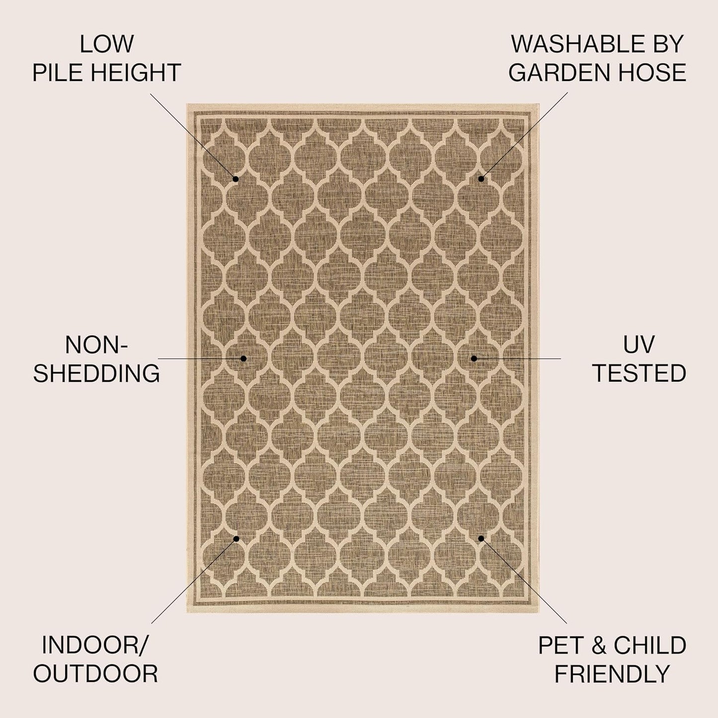 Eyely BMS109A-3SQ Santa Monica Trebol Moroccan Trellis Textured Weave, Pet Friendly, Non-Shedding, Stain Resistant, Easy-Cleaning, Brown/Beige, 3' Square, Indoor/Outdoor, Area Rug