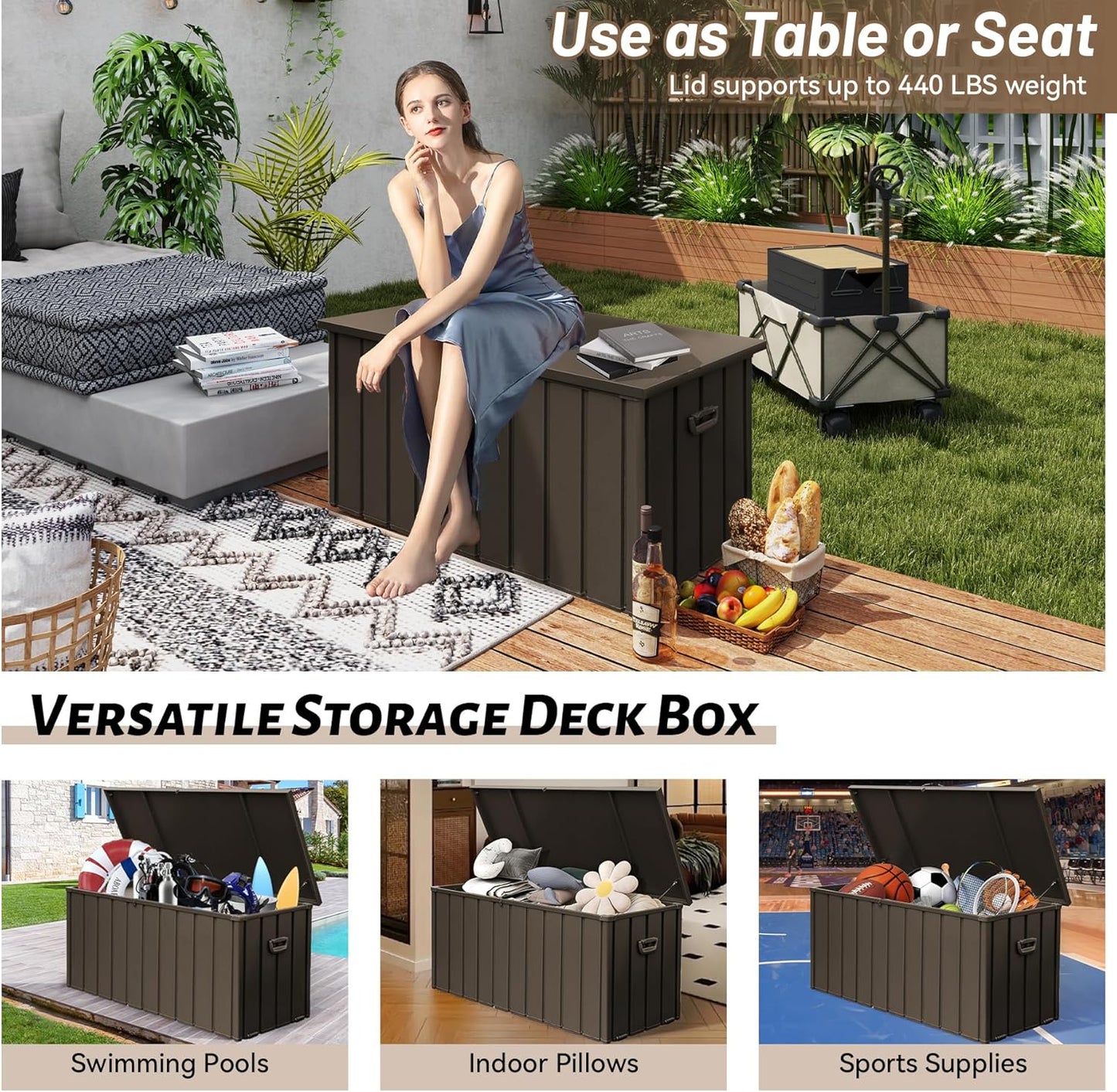 150 Gallon Large Outdoor Storage Box Metal, Waterproof Deck Box for Patio Cushion, Outside Storage Cabinet Rust/UV Resistant, Lockable Garden Tool Storage Bin for Porch Package Delivery, Brown