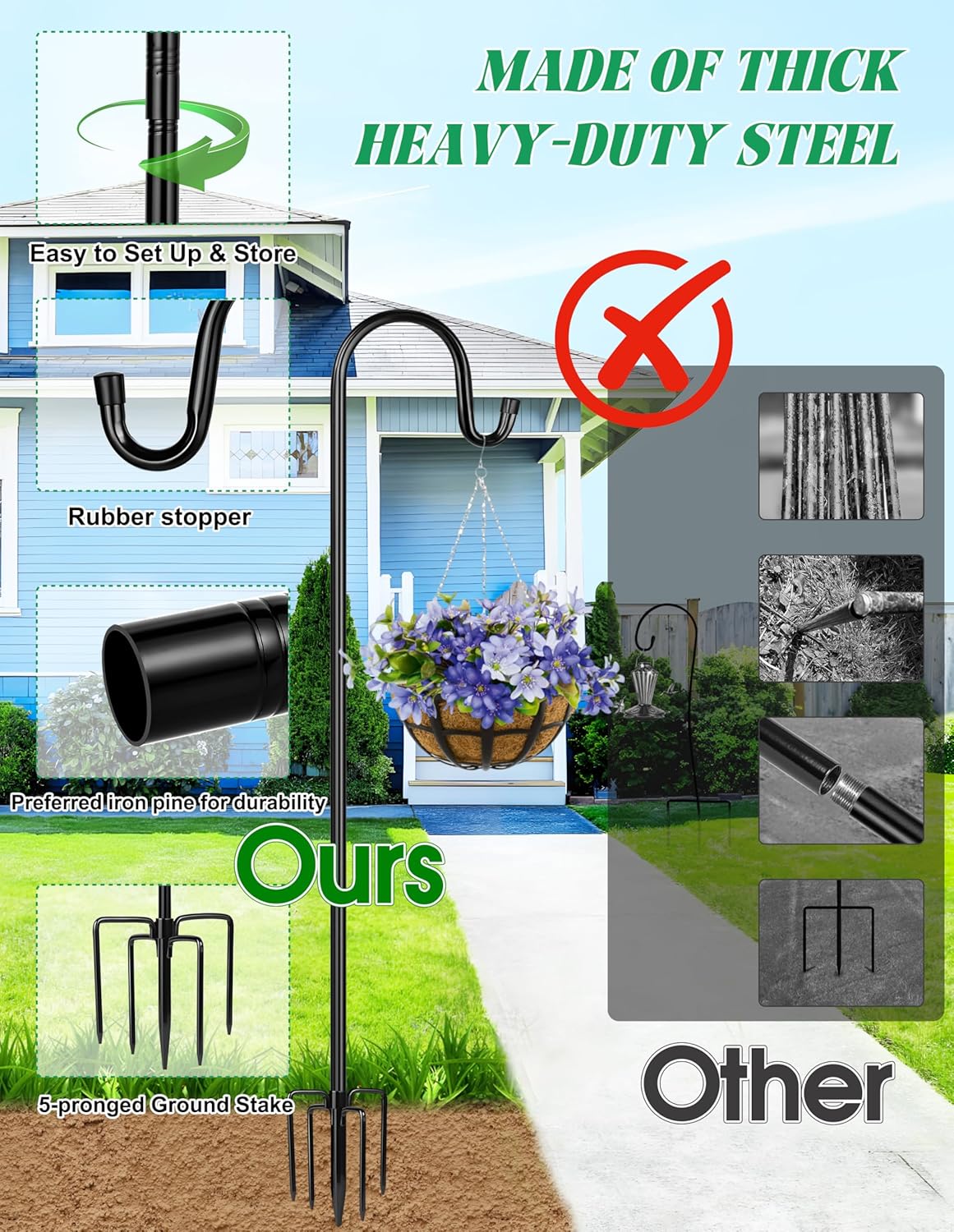 XDW-GIFTS Bird Feeder Pole for Outdoor, 76 Inch Shepherds Hooks Heavy Duty Garden Pole for Hanging Plant Basket, Solar Light Lanterns, Garden Plant Hanger Stands with 5 Base Prongs