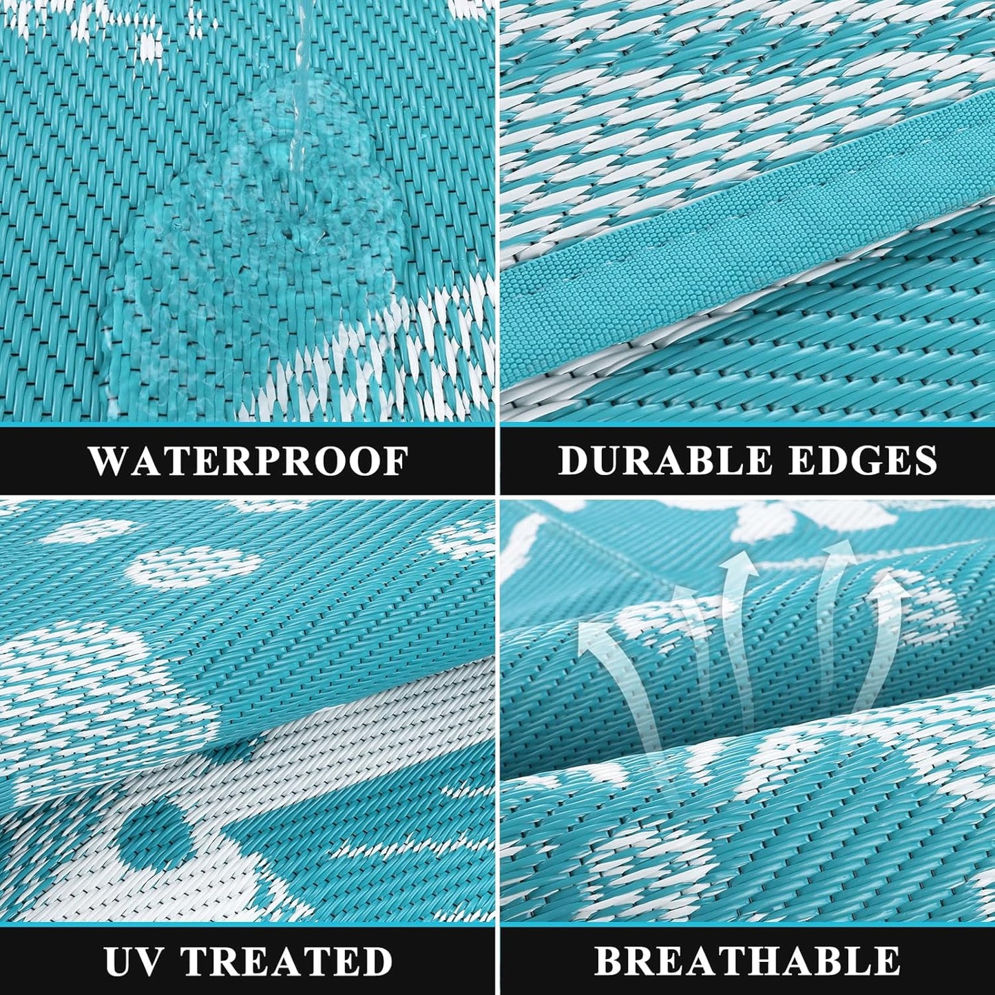 Pauwer Waterproof Outdoor Rug 6x9, Reversible Plastic Straw Patio Camping Rug, Indoor Outdoor RV Mat Carpet for Deck, Camper, Porch, Balcony, Backyard, Picnic, Floral Teal