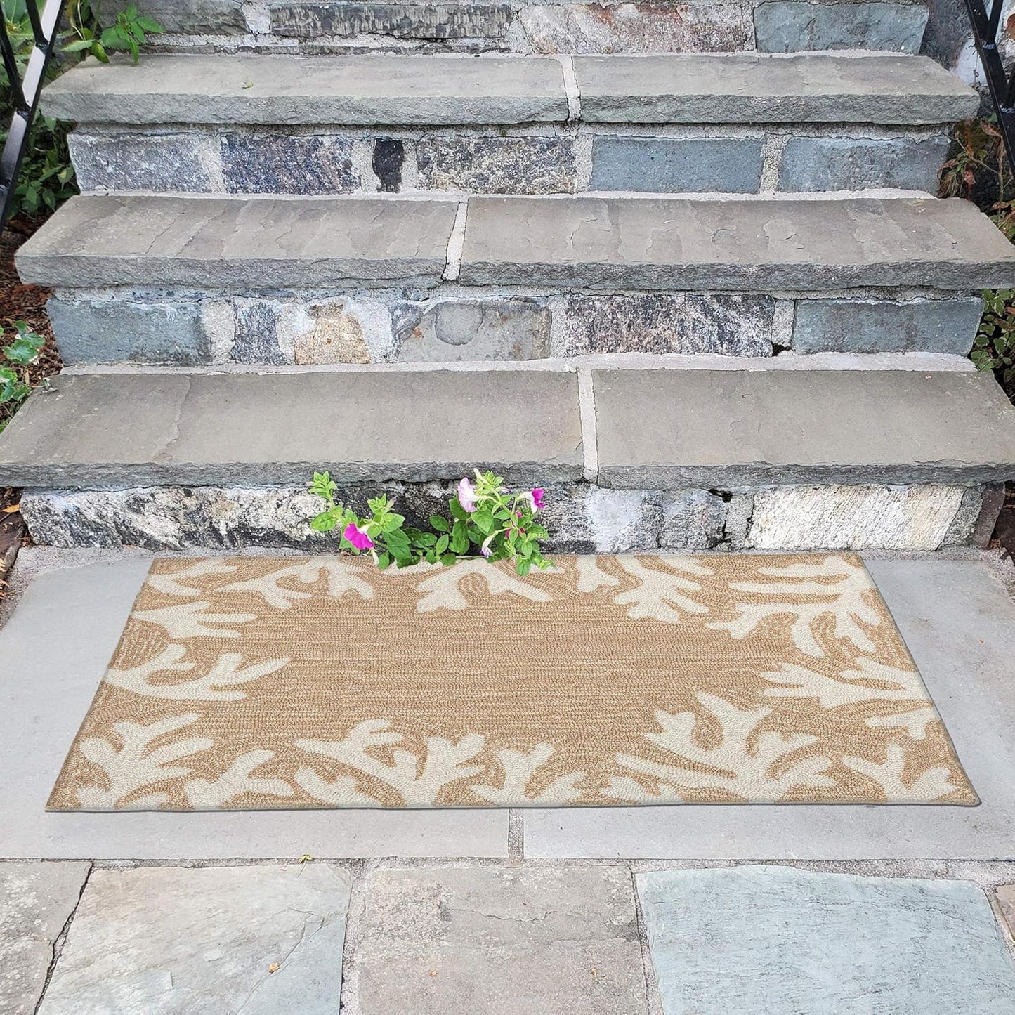 Liora Manne CAPRI Indoor/Outdoor Handmade Synthetic Blend Durable Area Rug - Traditional Border Coastal Beach Accent (Coral Border Neutral) (2'6" x 4')