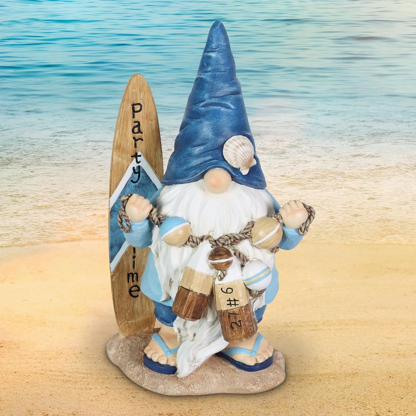 Exhart Garden Gnome, Solar Surfer Party Time Garden Sculpture with Surfboard Sign, LED Lights, Outdoor Lawn and Yard Decoration, 7 x 6 x 12.5 Inch