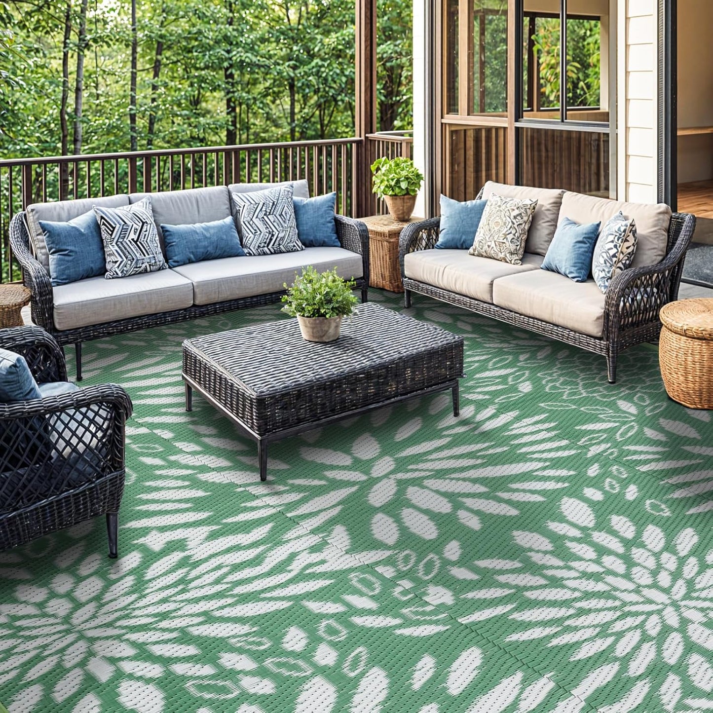 5'x8' Reversible Outdoor Rug - Eco-Friendly Plastic Straw Rug-Heavy-Duty Waterproof Mat, UV & Fade Resistant for Patio, Camping, RV, Deck, Balcony(5x8,Lake Blue&Floral)