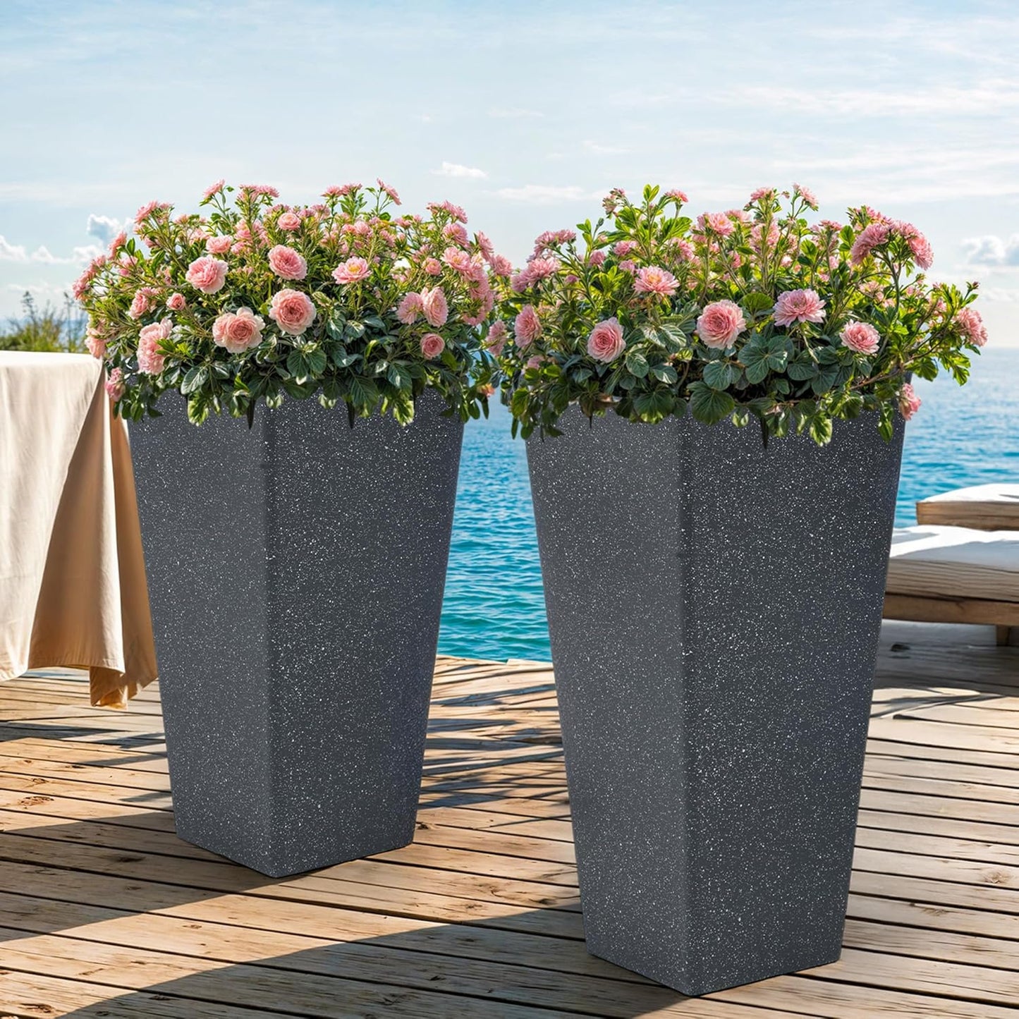 28" Tall V-Shaped Planters Set of 2, Oversized Plastic Flower Pots for Garden Patio Porch or Indoor Home Decor, Weather-Resistant Outdoor Planter Boxes, Hand-Painted Black Terrazzo-Look
