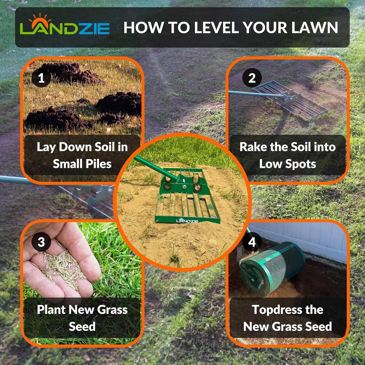 LANDZIE - The Original Lawn Leveling Rake – 48" Steel Handle Yard Leveler, Lawn Level Tool for Creating a Flat Surface - Works for Soil, Dirt, Topdressing, and Ground