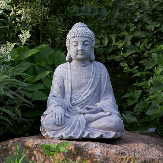 TOETOL Large Buddha Statue Outdoor Zen Decor Medium 20” High Yard Decor Magnesium Oxide Stone Grey for Yard Garden Patio Deck Home