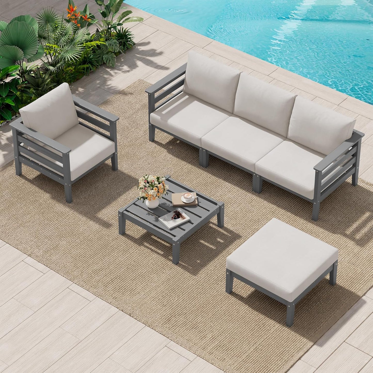 SERWALL HDPE Patio Furniture Set, 6 Pieces Outdoor Sectional Sofa Set, All-Weather Wood-Like Outdoor Sofa Couch with Coffee Table for Deck, Lawn, Grey Frame with Khaki Cushion