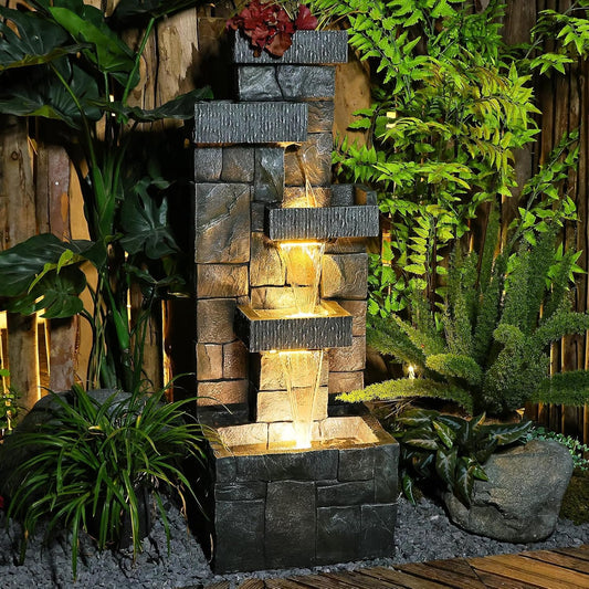 Garden Fountains Outdoor Water Fountain - 44.5 Inches 4 Tired Modern Indoor Floor Standing Outdoor Fountain with Lights Pump for Garden Patio Backyard Porch Home Art Decor, Dark Gray