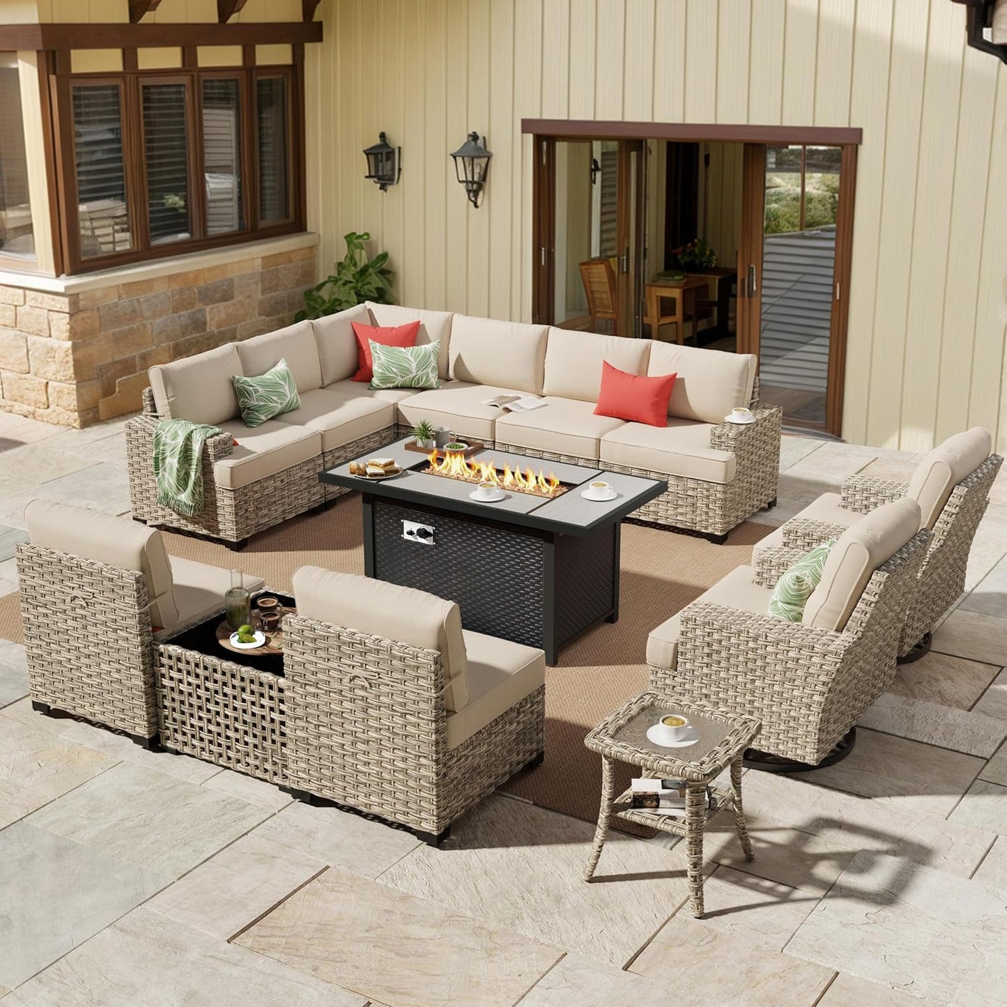 HOOOWOOO Outdoor Sectional Patio Furniture Set with Fire Pit Table,13 Pieces Wicker Conversation Sets L Shaped Couch,Extra Deep Out Door Sofa Outside Furniture with Swivel Chairs,Beige
