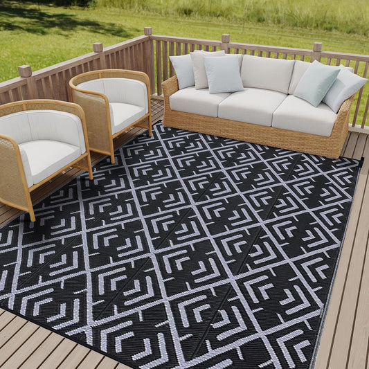 Outdoor Plastic Straw Rug, Waterproof Outdoor Rugs for Patios Clearance, Reversible Area Rug, Large Outside Carpet for Camping, Balcony, RV, Deck, Picnic, Beach (6x9ft Boho/Black&Grey)