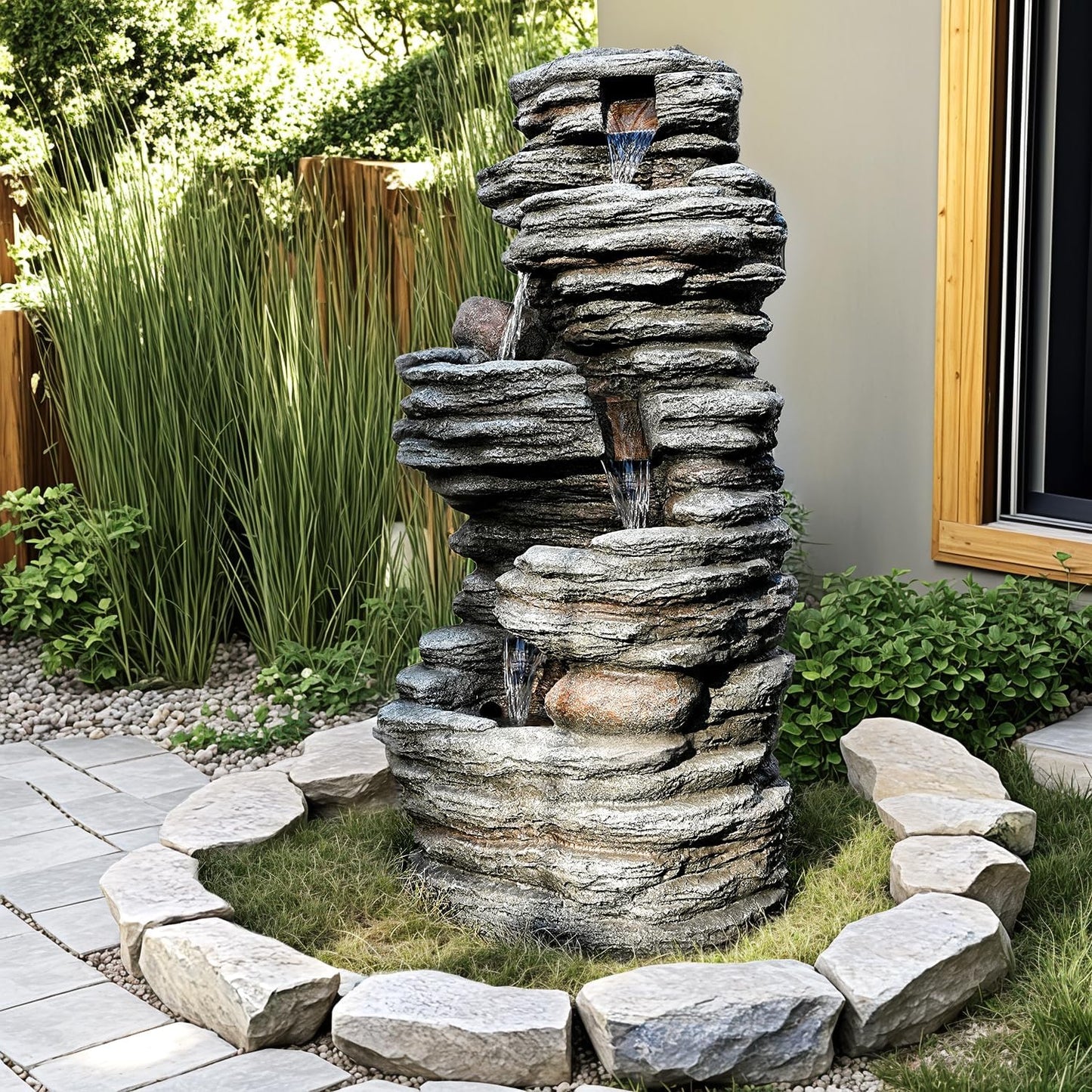 40" Outdoor Water Fountain with LED Lights - 5-Tier Cascading Rock Waterfall Fountain, Natural Rock Look, Ideal for Garden, Landscaping, Patio, Balconies and Yard Decor