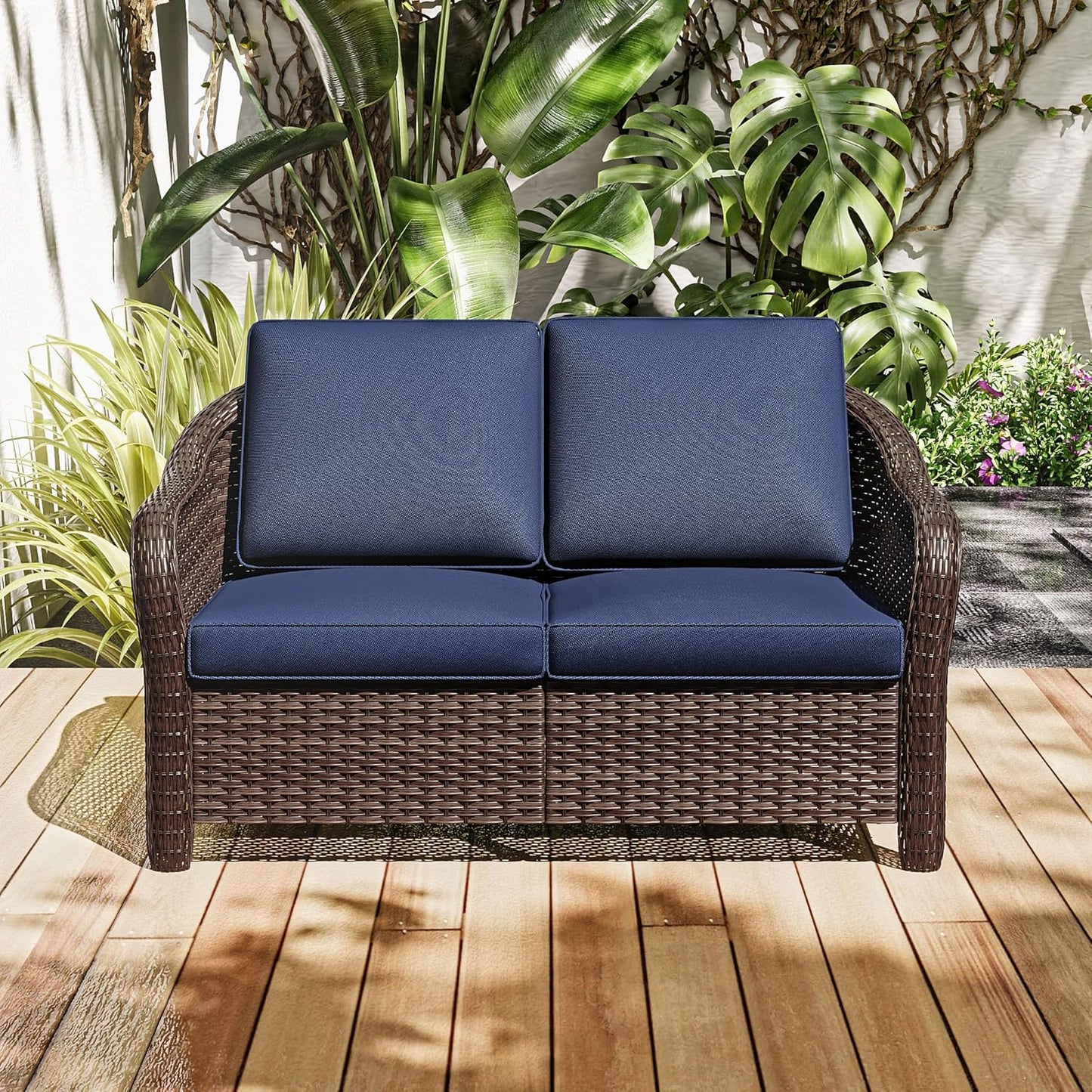 3 Pieces Outdoor Patio Conversation Set, 55" Couch, 2 Chairs, Rattan Wicker Conversation Furniture with Removable Cushions for Bistro, Deck (Navy Blue)