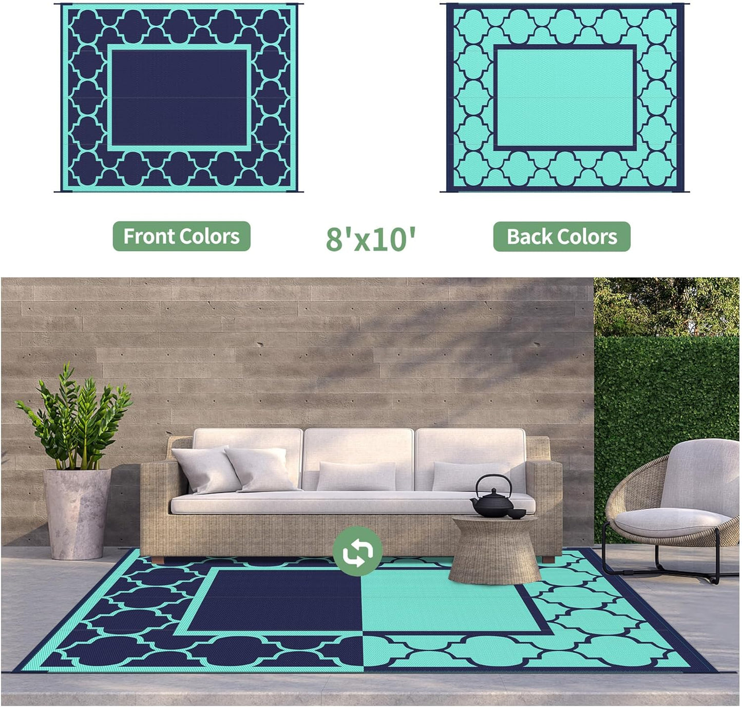 GENIMO 8 ' x 10 ' Outdoor Rug for Patio, Waterproof Indoor Outdoor Plastic Straw Rugs Carpet, Reversible Outside Area Mat for Camping, Balcony Porch, Deck, Picnic, Beach Navy Blue & Jade Green