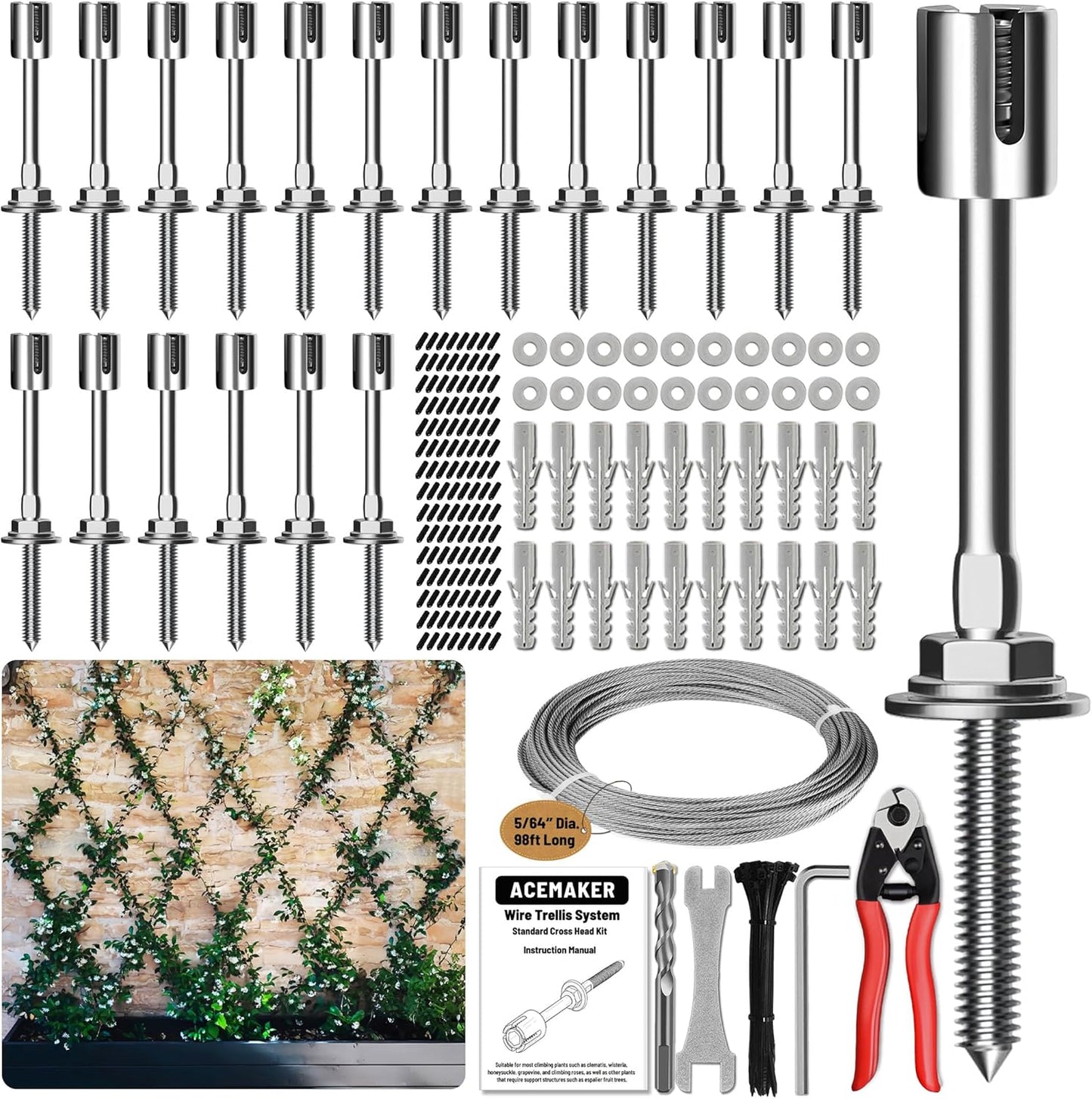 Wire Trellis for Climbing Plants Outdoor, 20-Set Wall Wire Trellis Kit with 5/64"(2mm) x 98ft Stainless Steel Cable & Cutter, T316 Espalier System for Fence and Garden DIY Projects