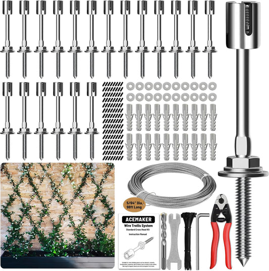 Wire Trellis for Climbing Plants Outdoor, 20-Set Wall Wire Trellis Kit with 5/64"(2mm) x 98ft Stainless Steel Cable & Cutter, T316 Espalier System for Fence and Garden DIY Projects