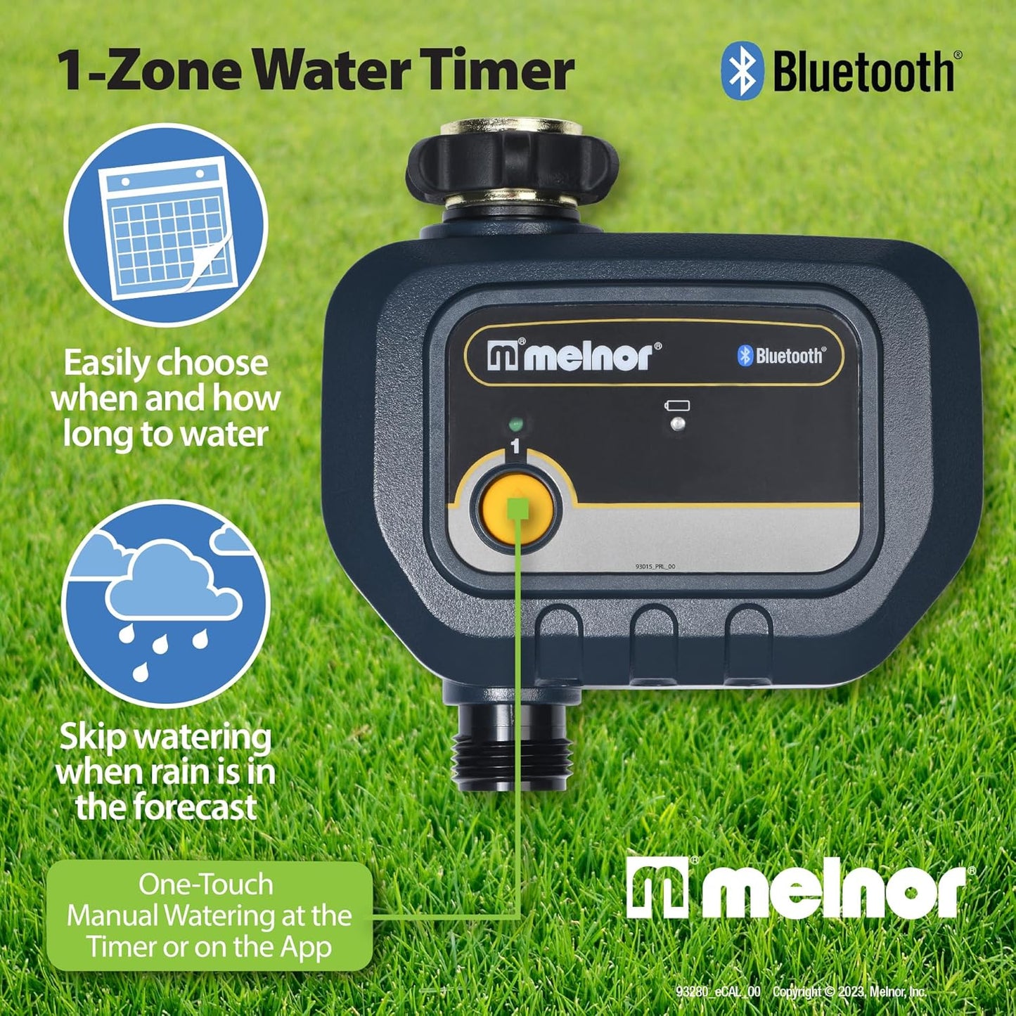 Melnor 65182AMZ Bluetooth Hose Timer, 1-Zone Programmable Watering Timer, Quick Connect Bundle, Black, Yellow